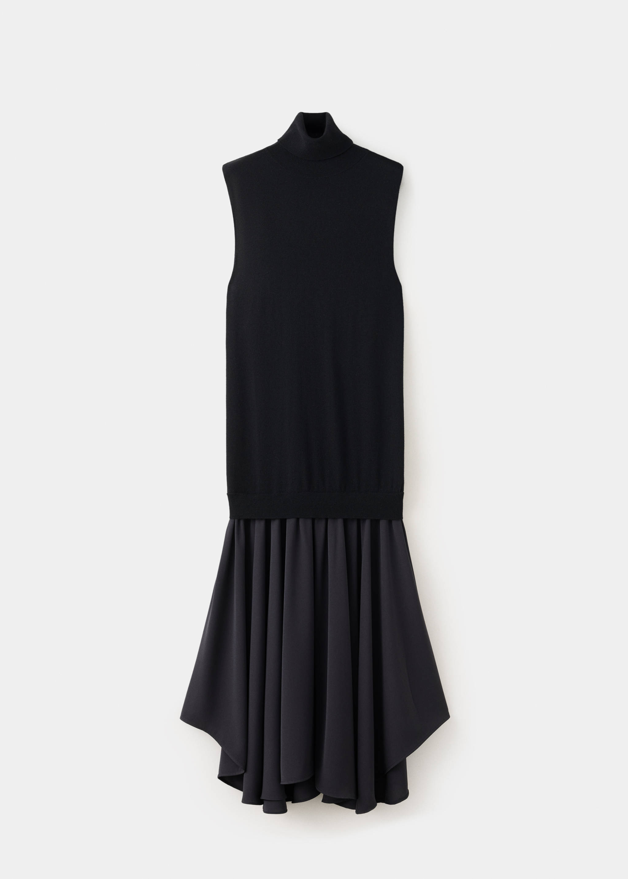 Black sleeveless turtleneck midi dress with a pleated flared skirt.