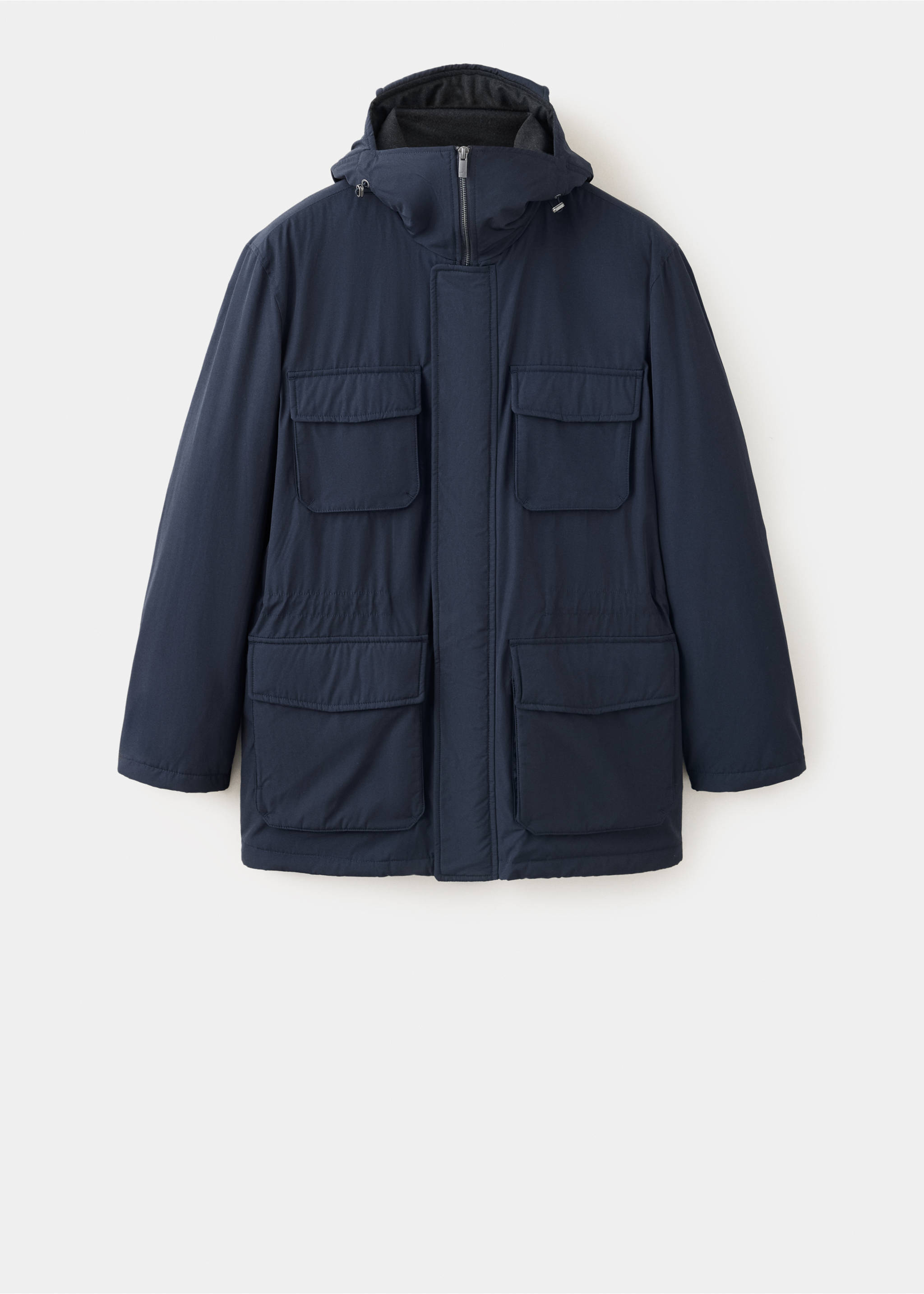 Dark navy blue men's parka with a hooded collar, chest flap pockets, and lower flap pockets., Night Blue. Ref: 37087883-00.