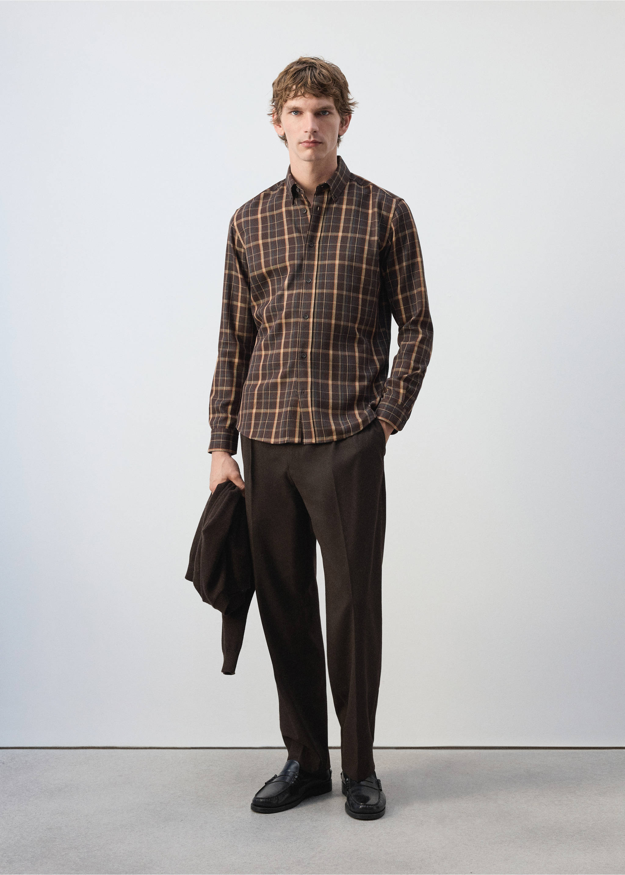 Brown checked overshirt worn with dark brown trousers and black loafers, Brown. Ref: 37087892-00.