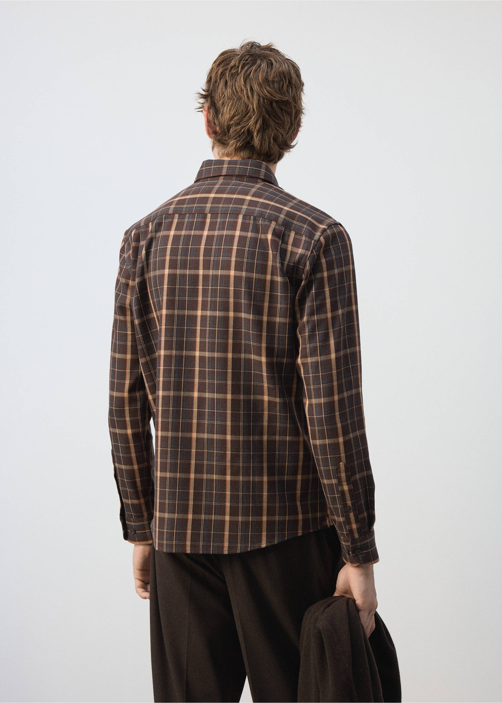 Brown plaid overshirt seen from the back, featuring a classic collar and long sleeves., Brown. Ref: 37087892-00.