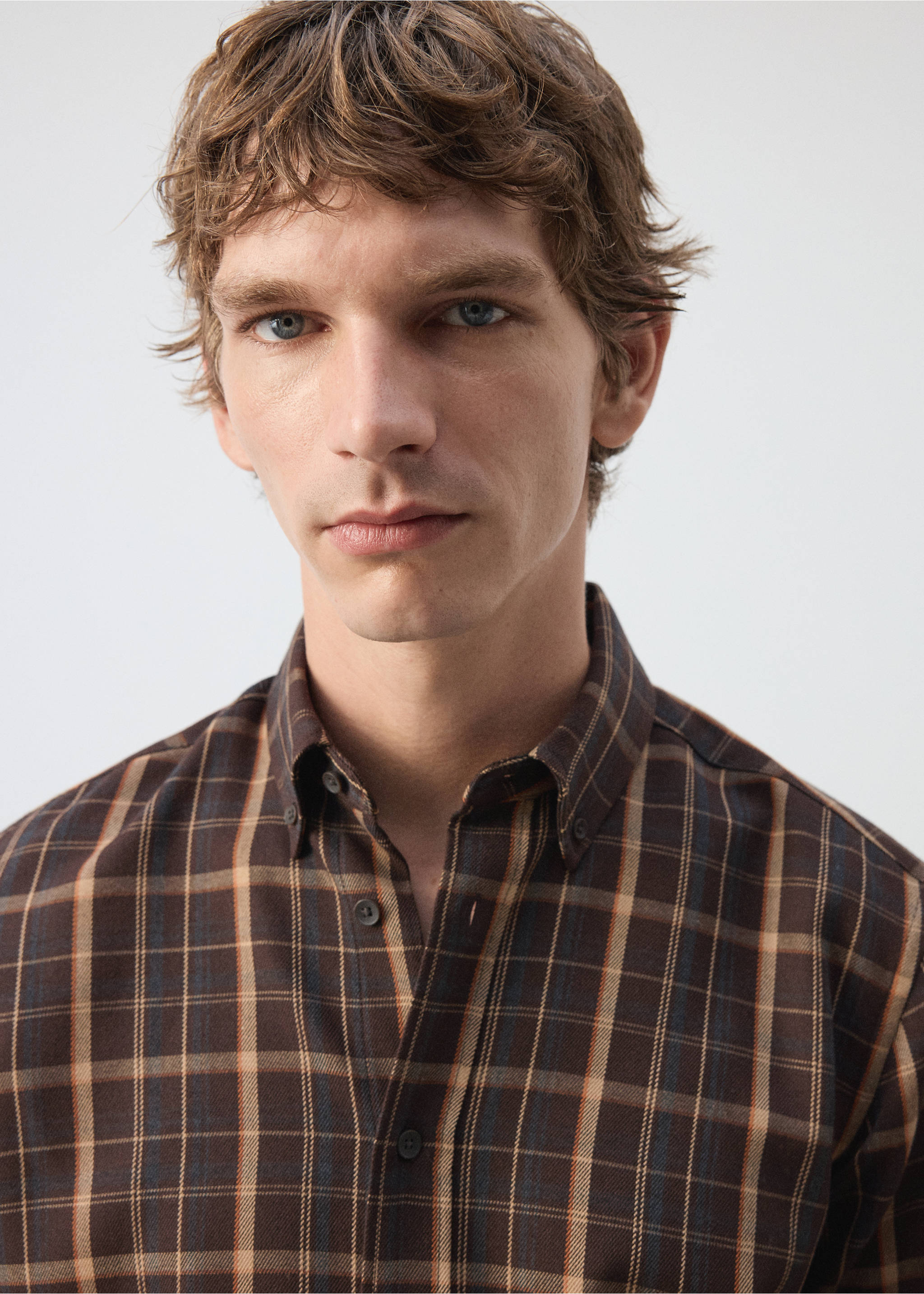 Brown checked overshirt with button-down collar, Brown. Ref: 37087892-00.