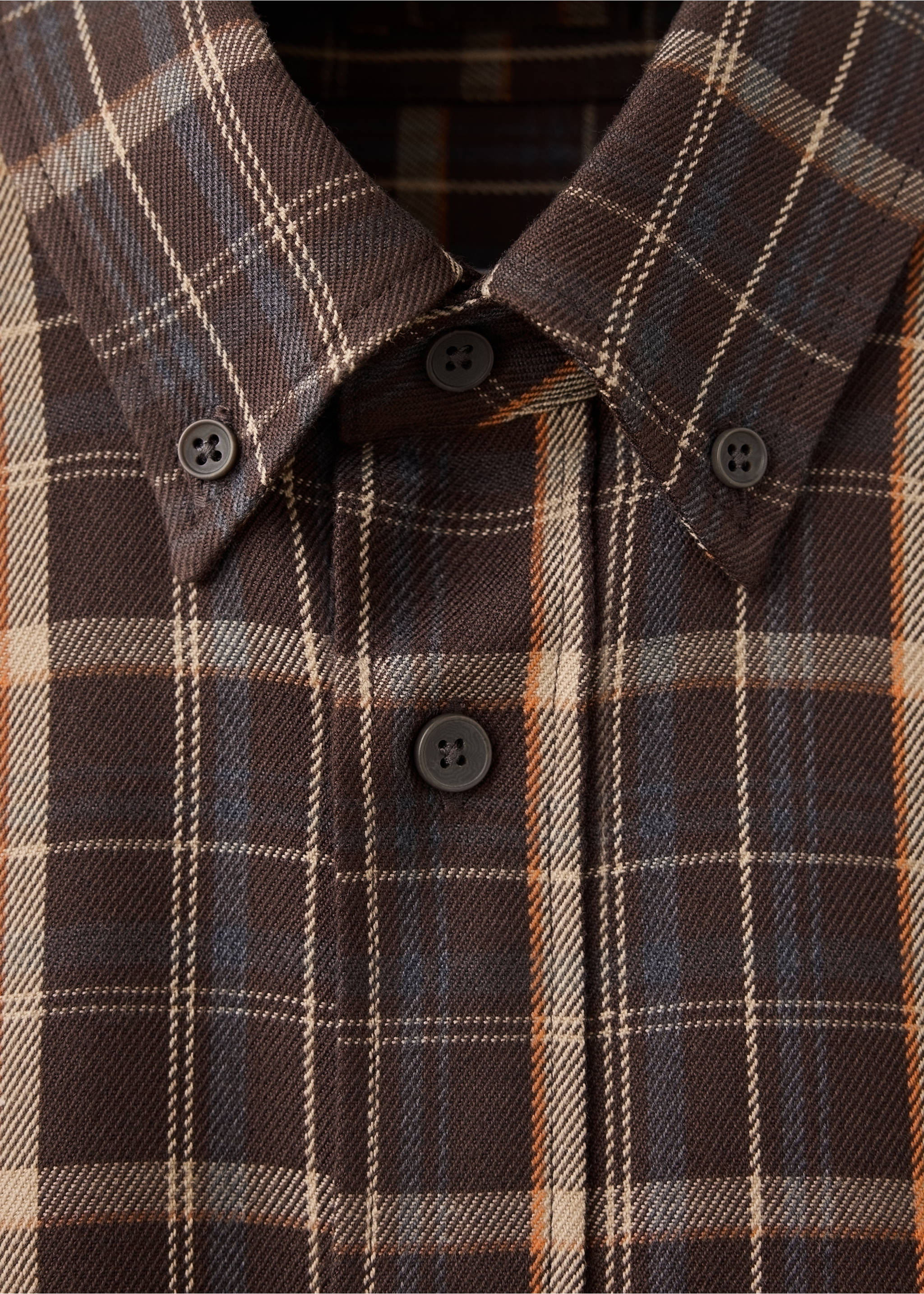 Close-up of a brown plaid overshirt with a button-down collar., Brown. Ref: 37087892-00.