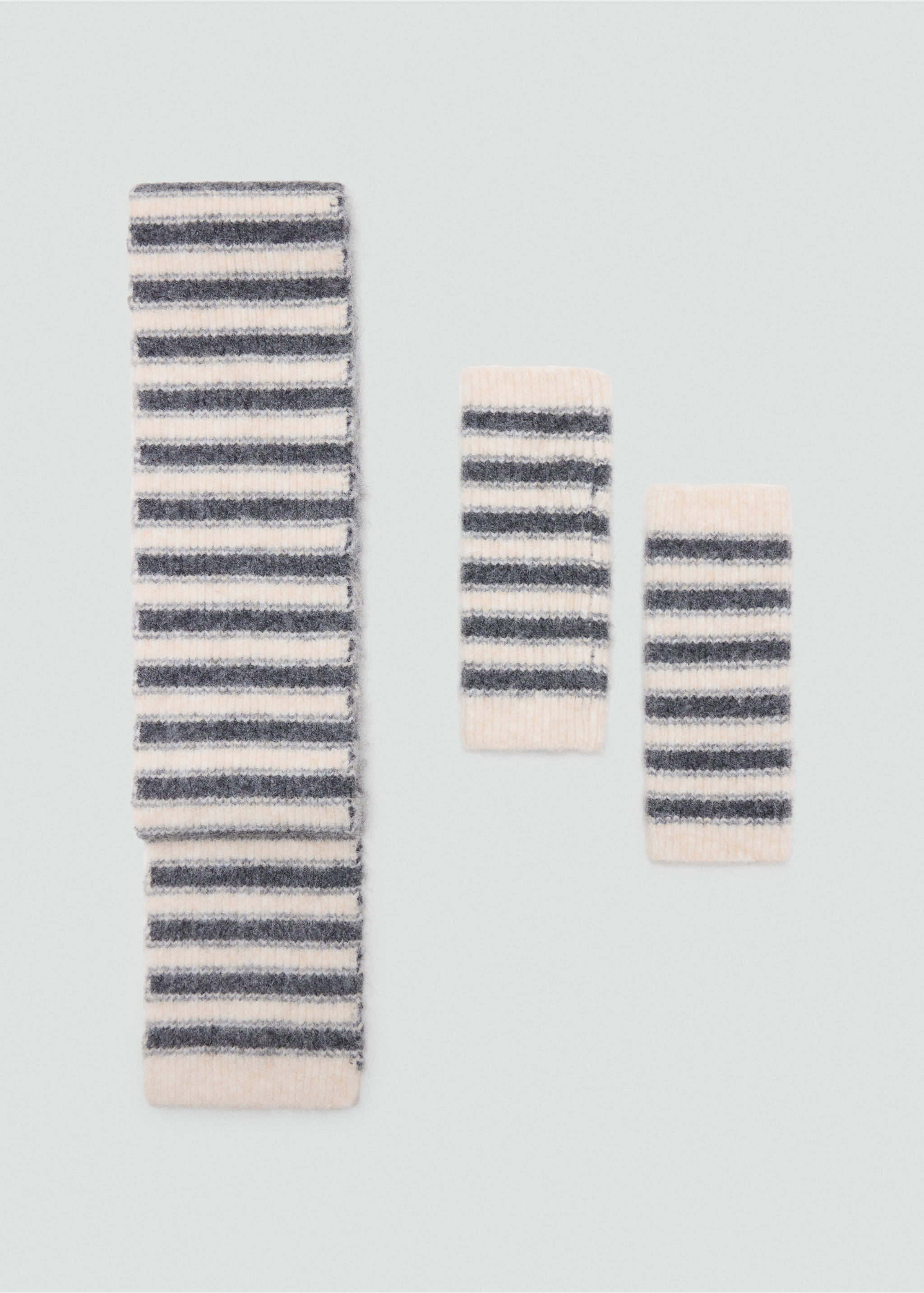 Striped knit gloves in dark grey and off-white, shown with a matching scarf., Sand. Ref: 37087895-00.