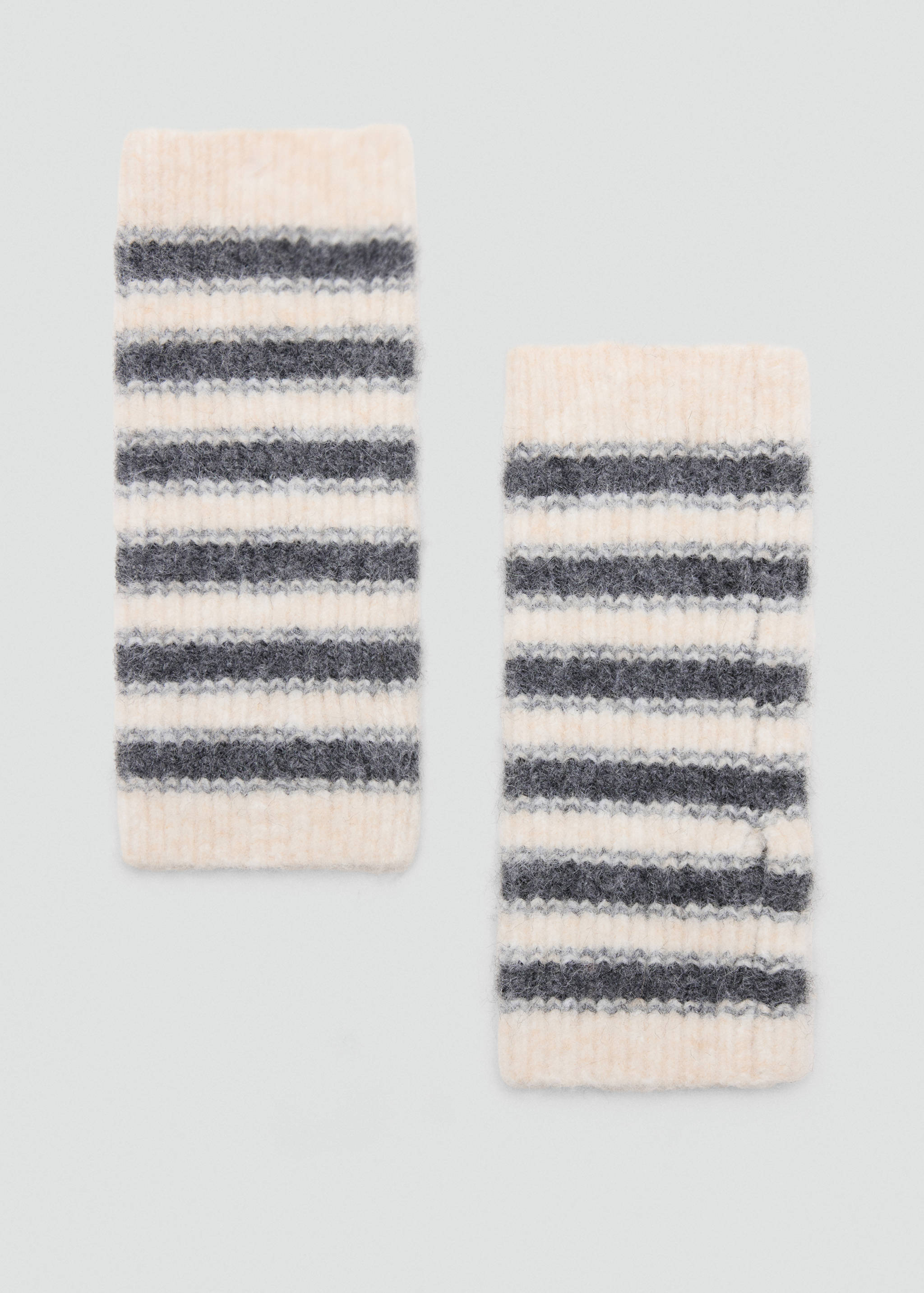 Striped knitted children's gloves in off-white and dark grey.