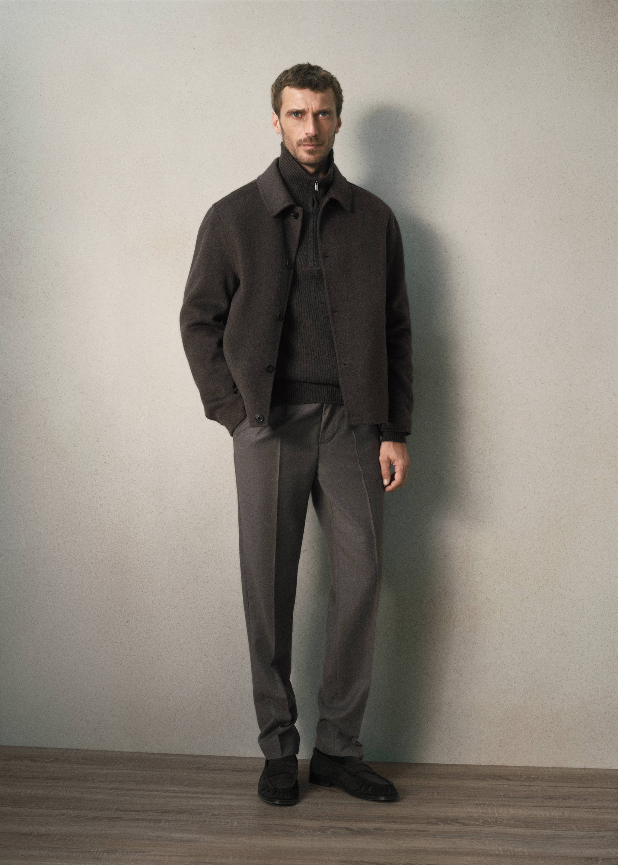 Dark brown jacket with classic collar and button fastening, worn with a dark grey jumper and trousers., Coffee. Ref: 37087896-00.
