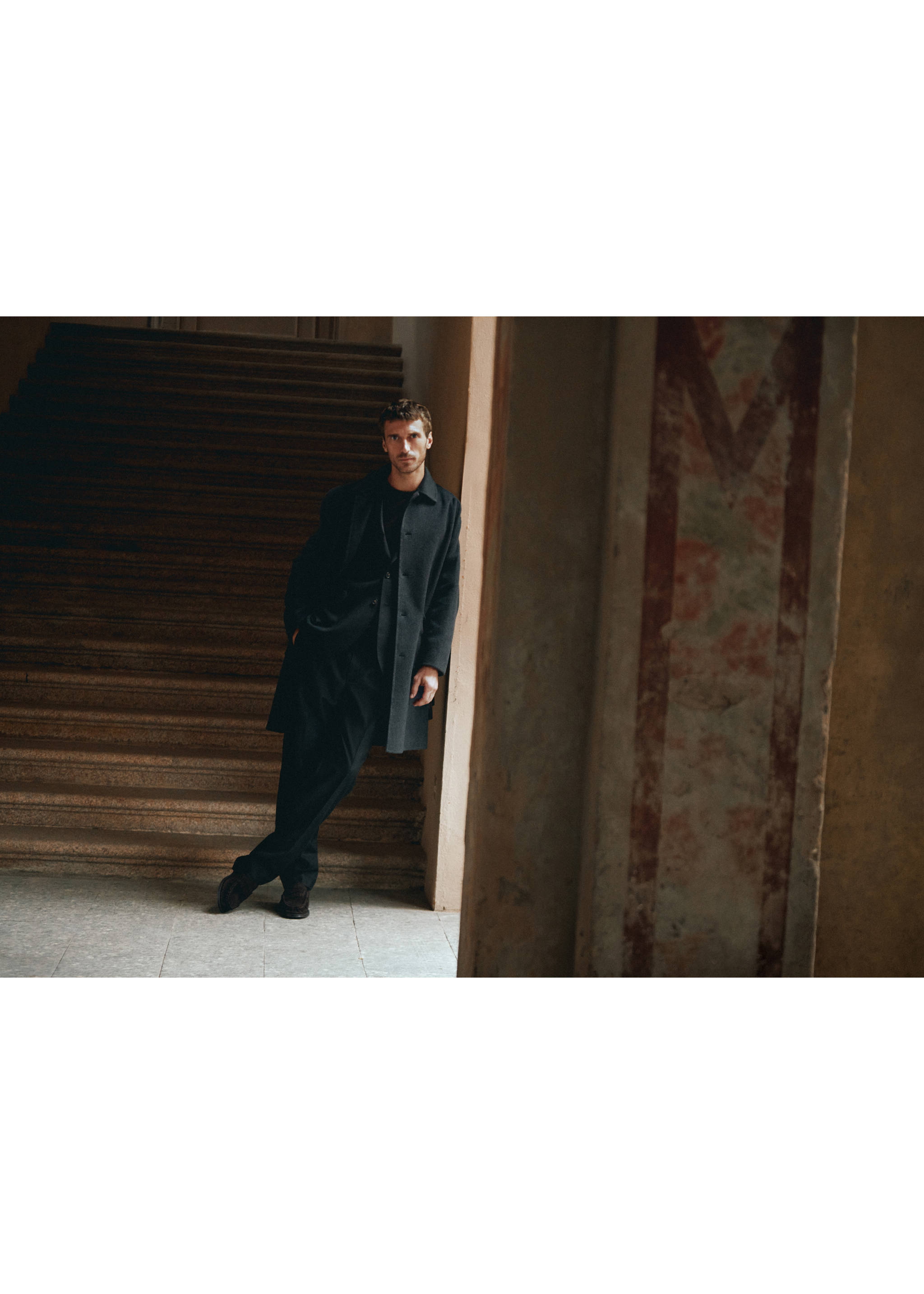 Dark grey coat worn with a matching suit on a model., Charcoal. Ref: 37087897-00.