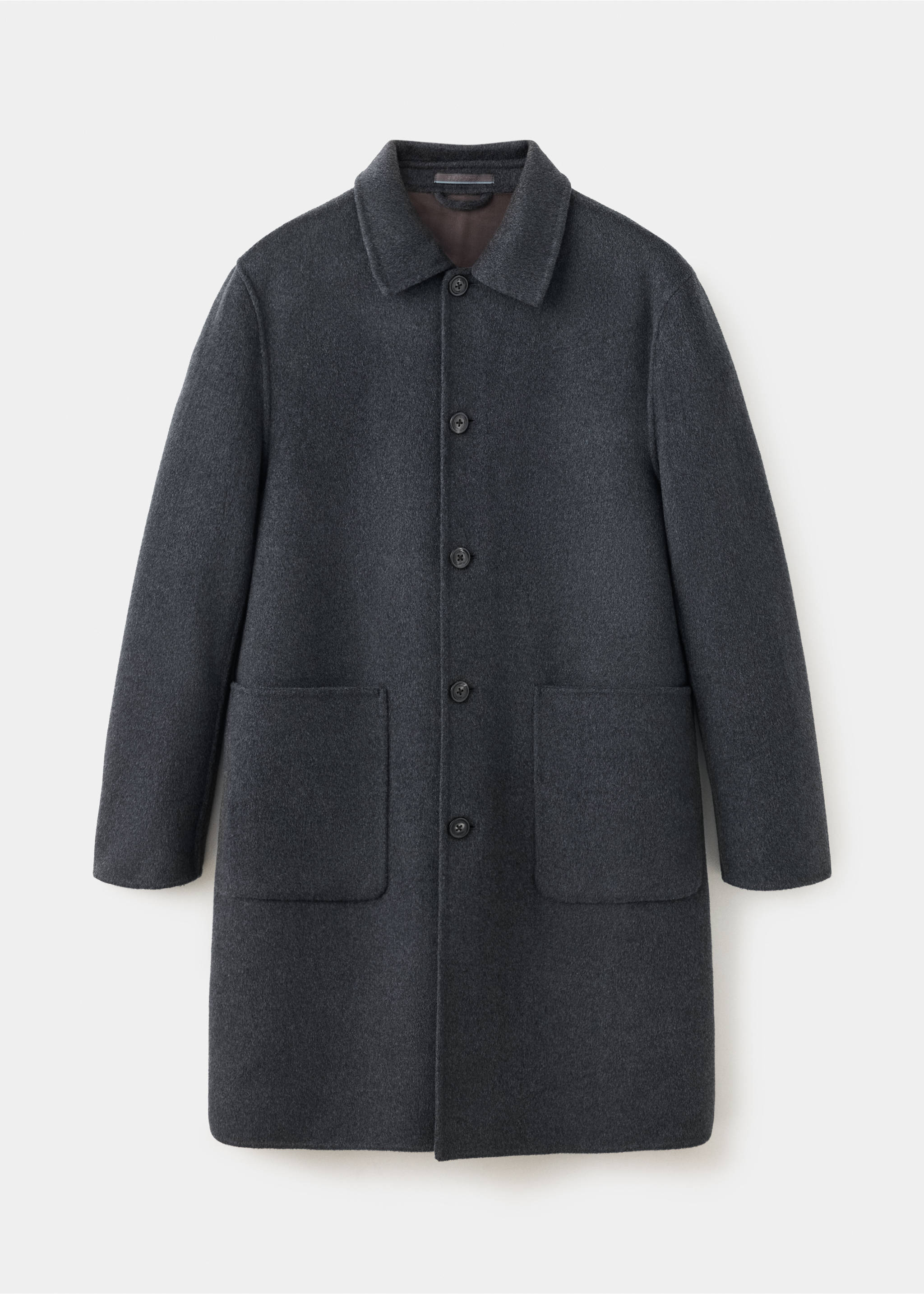 Dark grey men's coat with a pointed collar, front buttons, and patch pockets., Charcoal. Ref: 37087897-00.