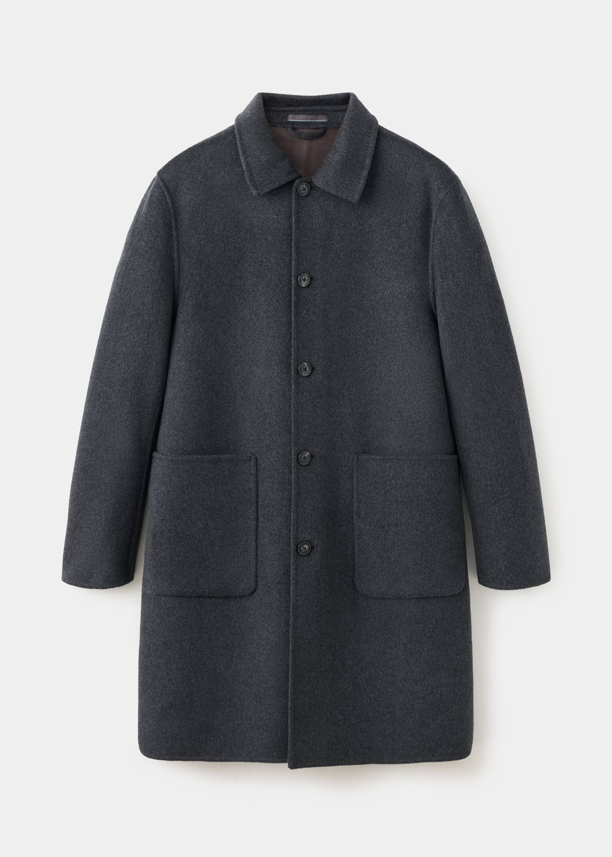 Dark grey men's coat with a pointed collar, front buttons, and patch pockets.