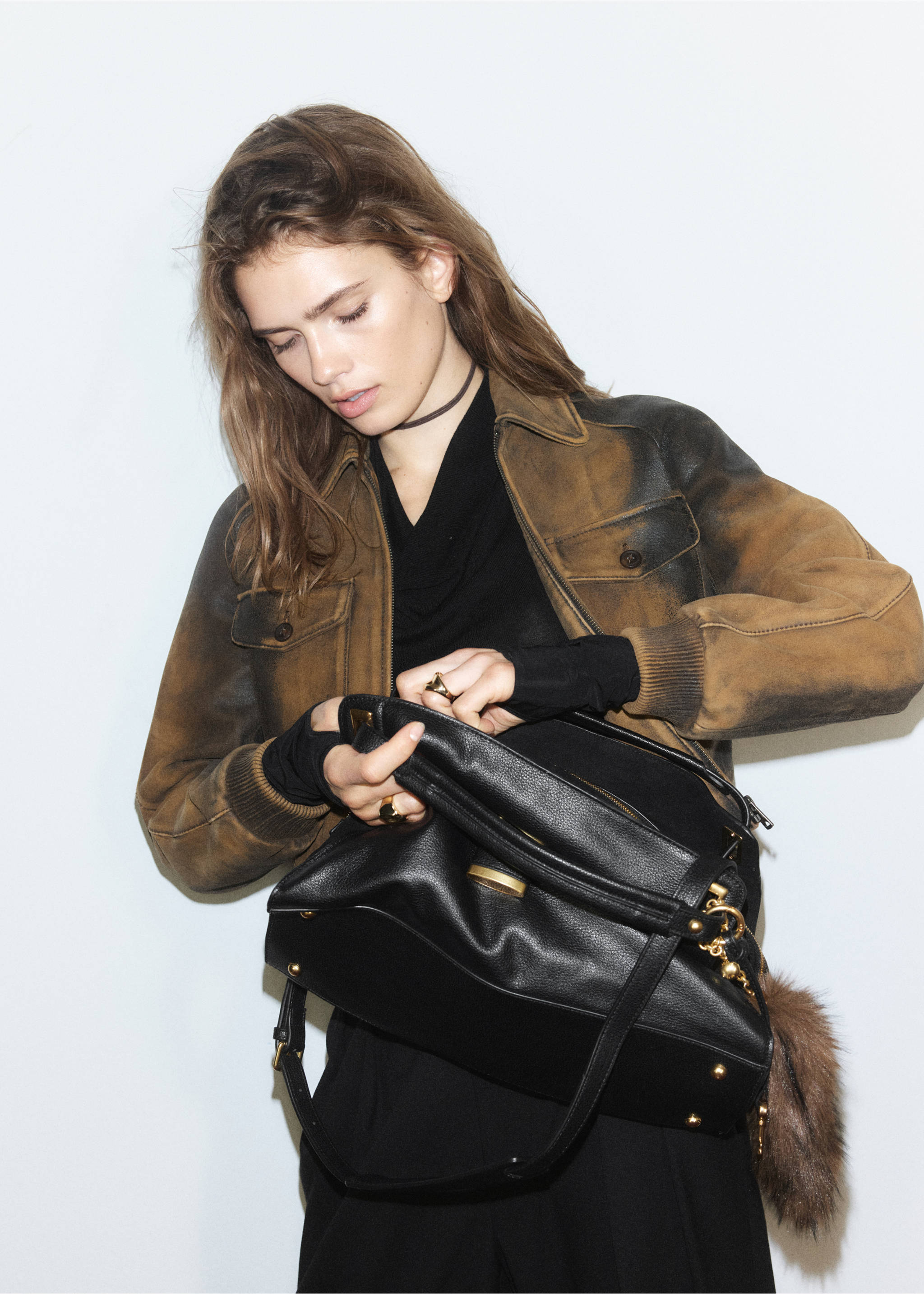 Brown distressed leather jacket with chest pockets and ribbed trim., Brown. Ref: 37087901-00.