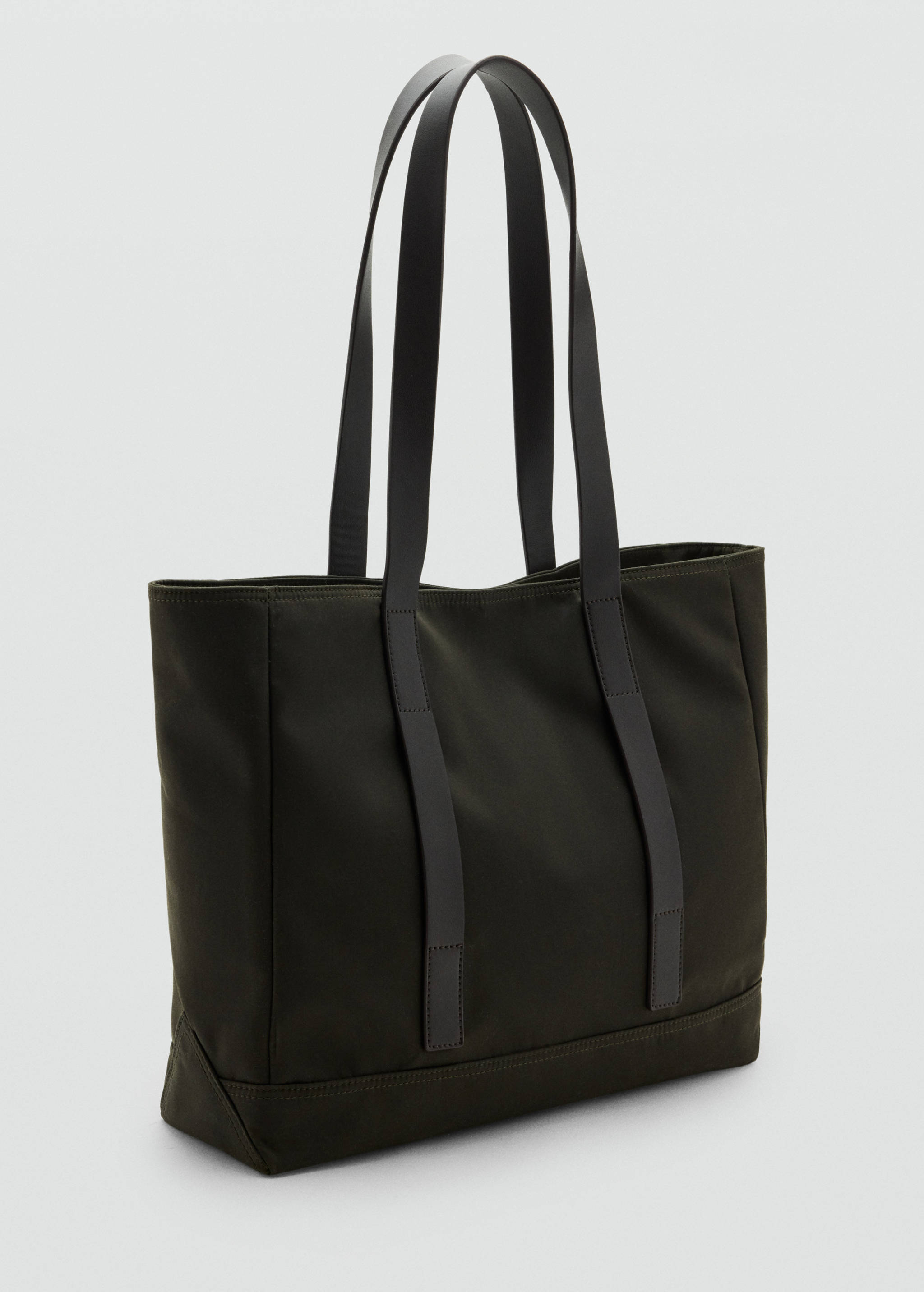 Dark green structured tote bag with long shoulder straps.