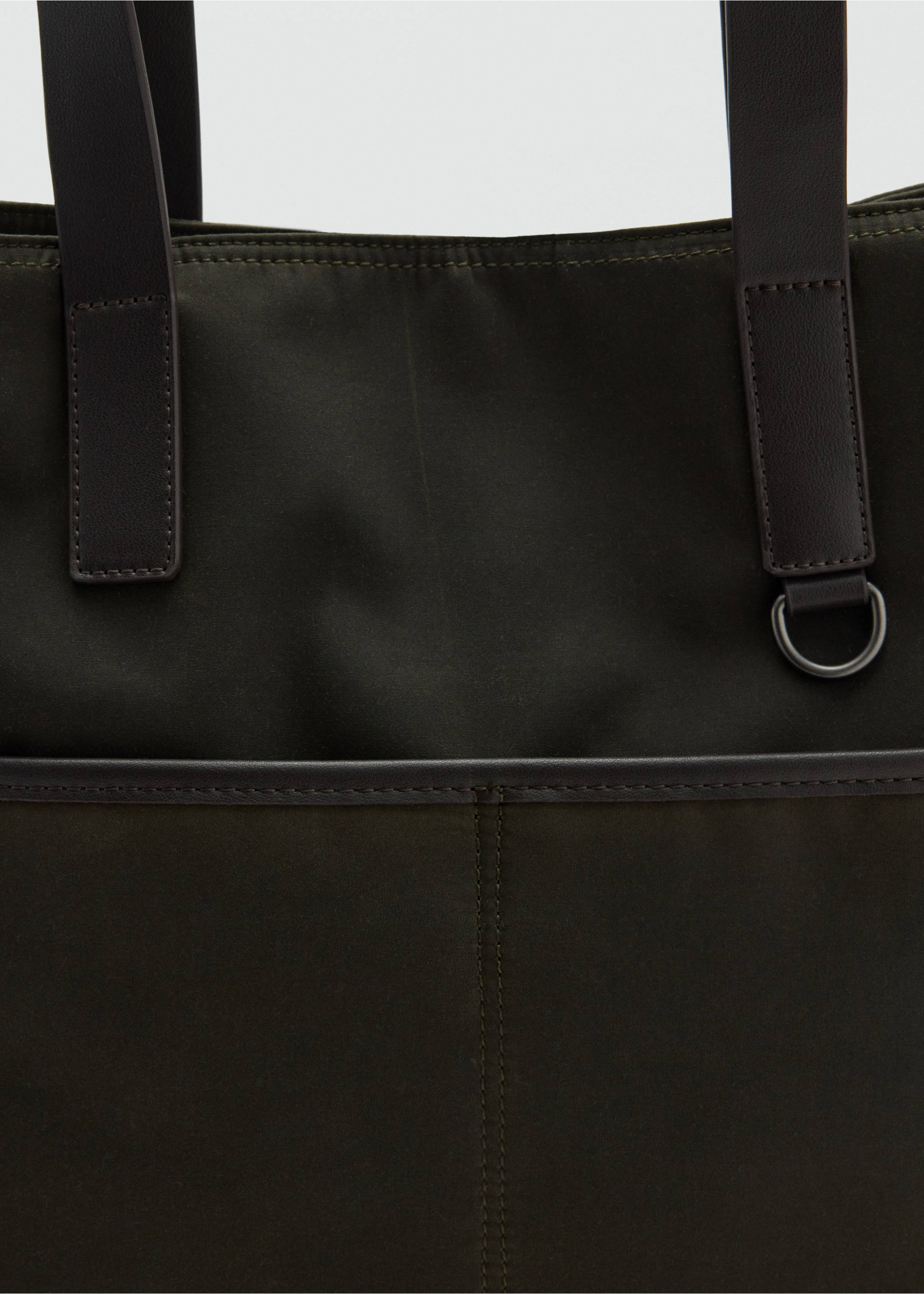 Close-up of an olive green tote bag with dark brown faux-leather handles and front pocket detail., Khaki. Ref: 37087902-00.