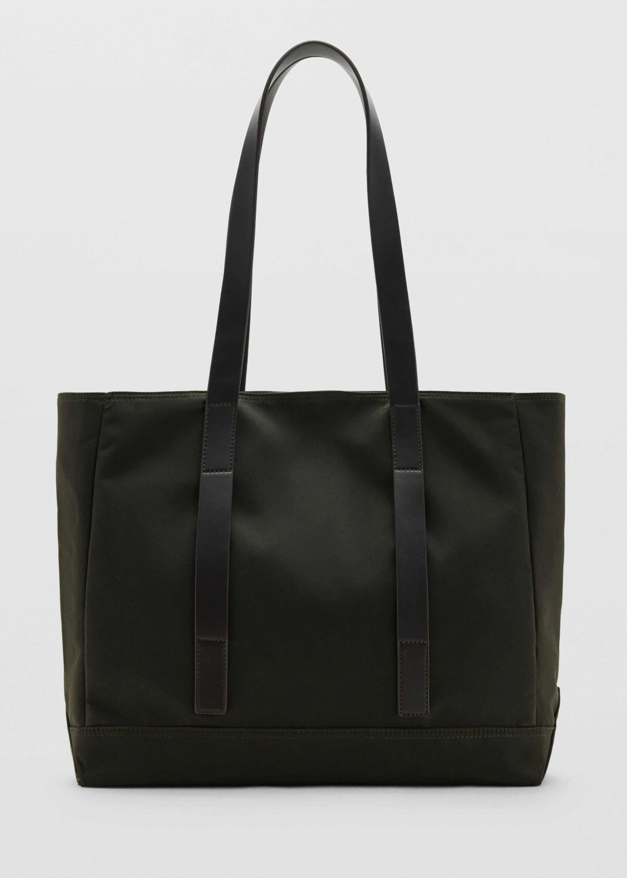 Dark khaki tote bag with structured vertical handles.