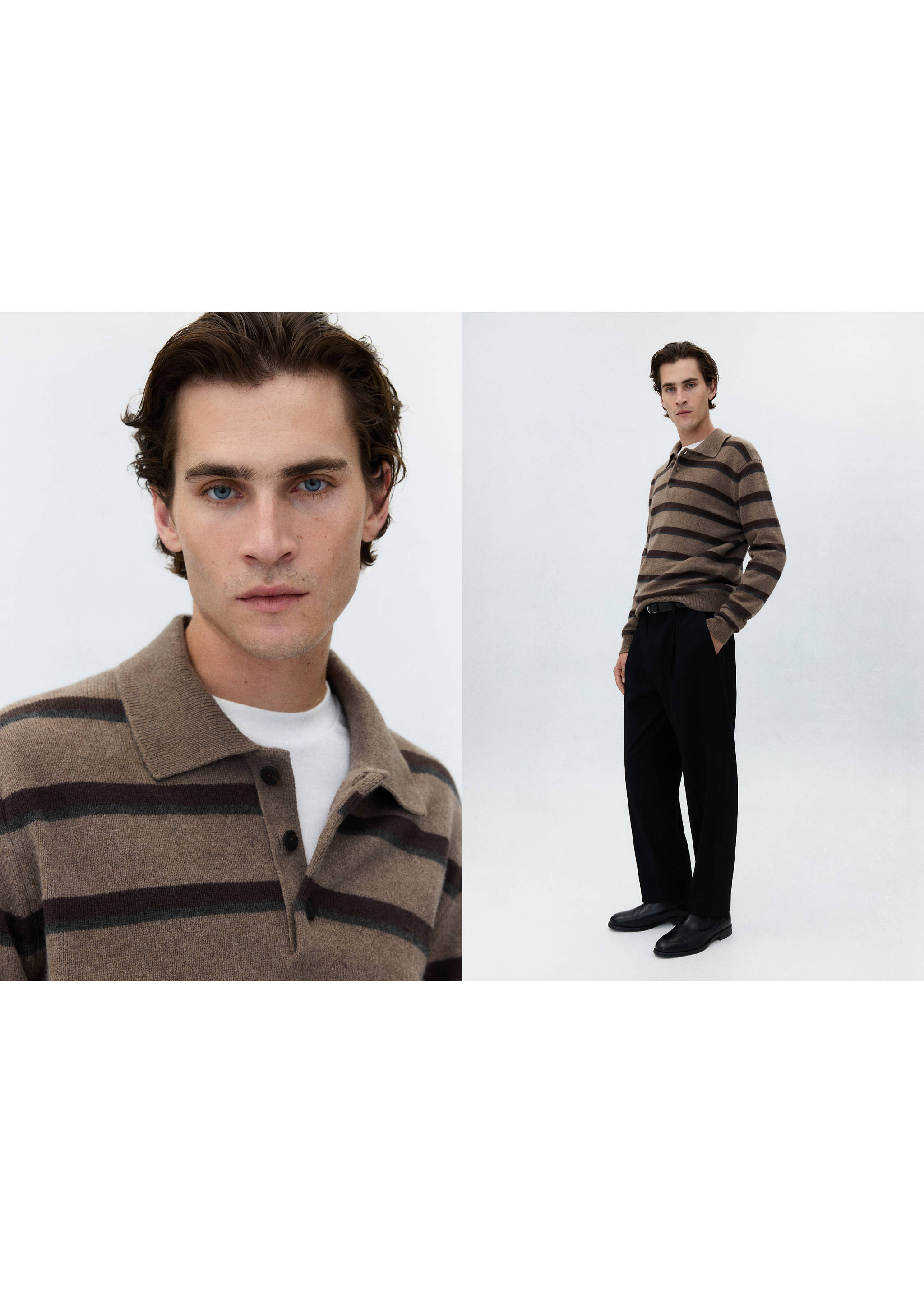 Brown striped knit polo shirt with dark buttons, shown in a close-up and full-length view., Medium Brown. Ref: 37087908-00.