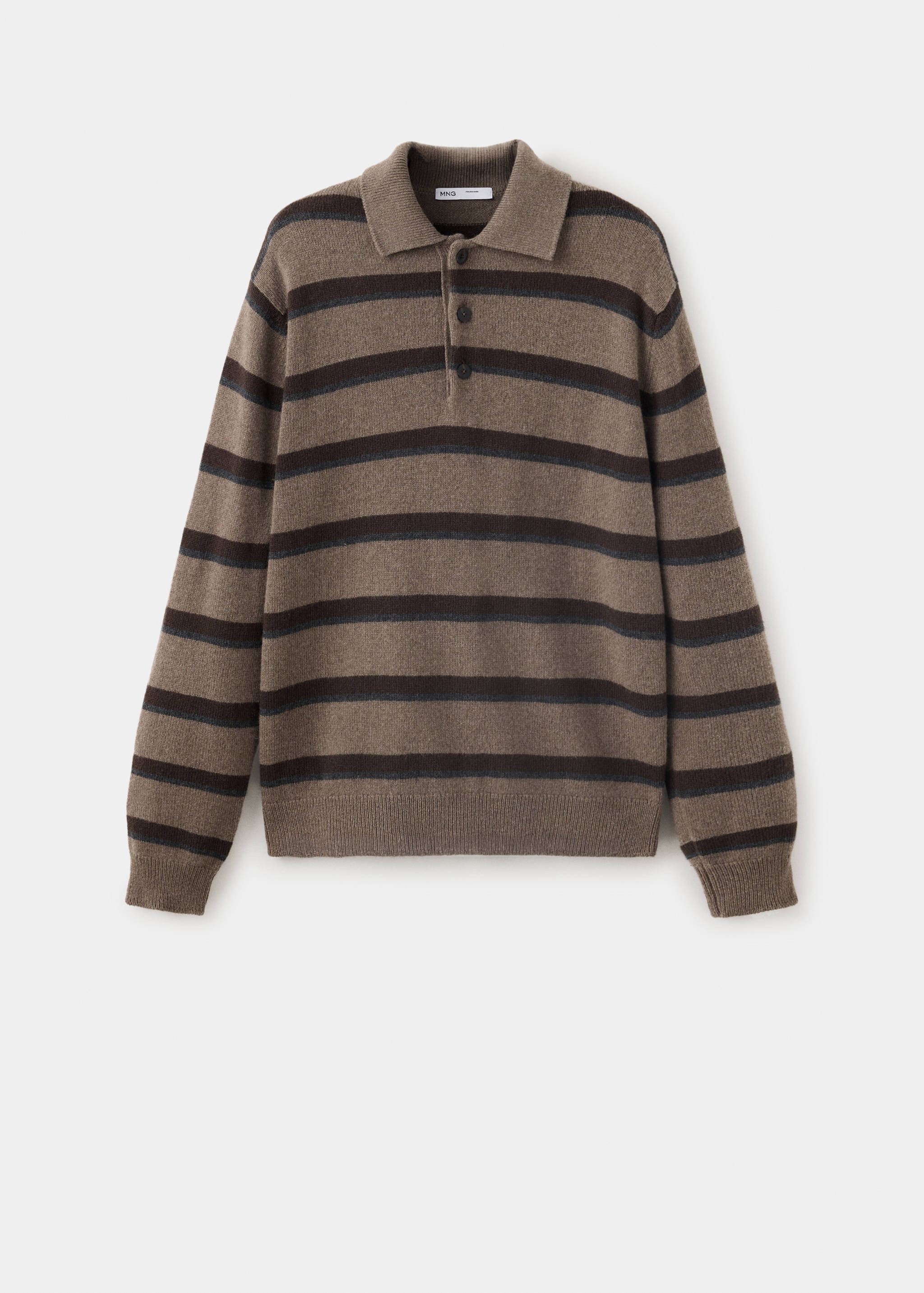Brown and charcoal striped knitted polo with a collar and button placket.