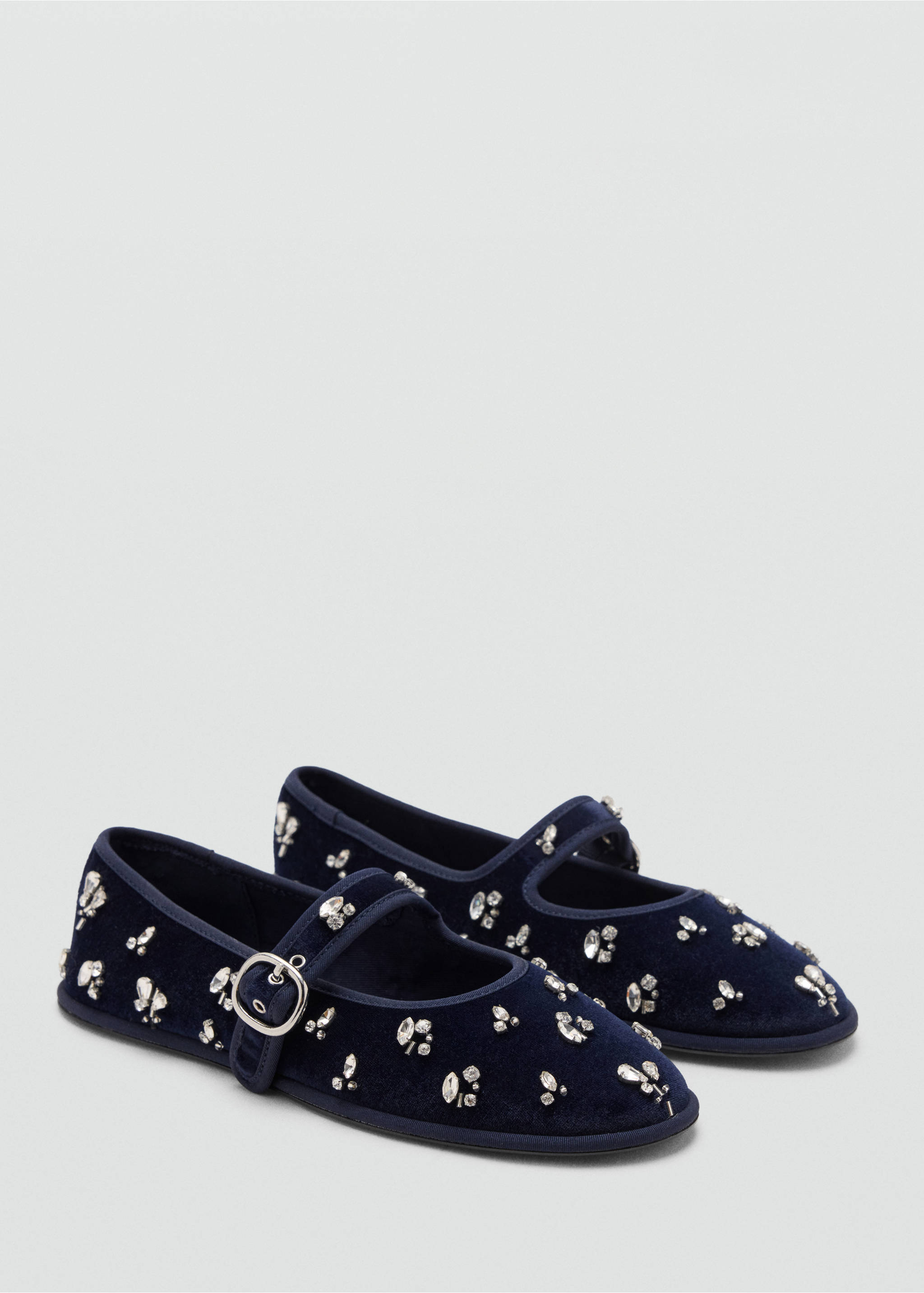 Navy blue velvet Mary Jane shoes embellished with rhinestones., Night Blue. Ref: 37087909-00.