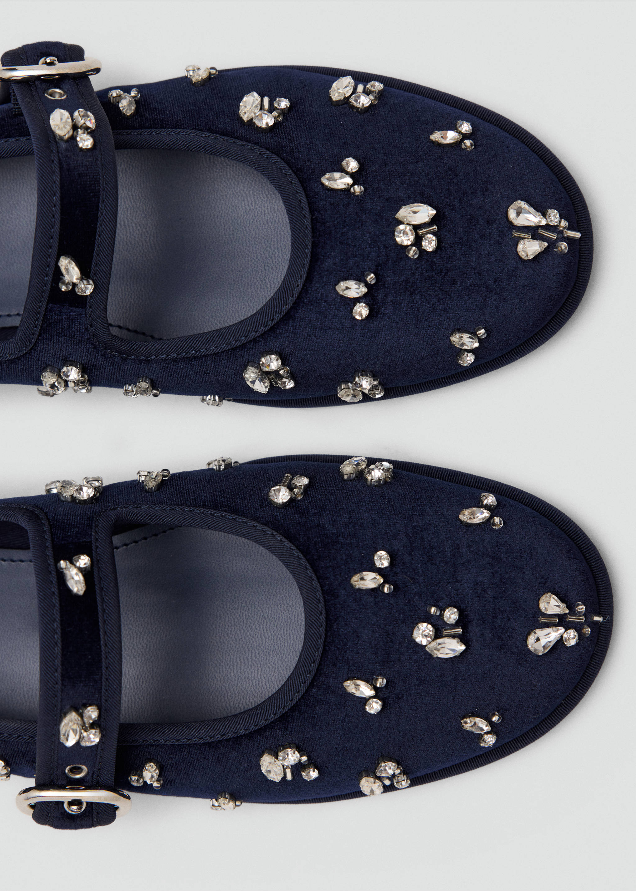 Close-up of navy blue velvet shoes with crystal embellishments and straps., Night Blue. Ref: 37087909-00.