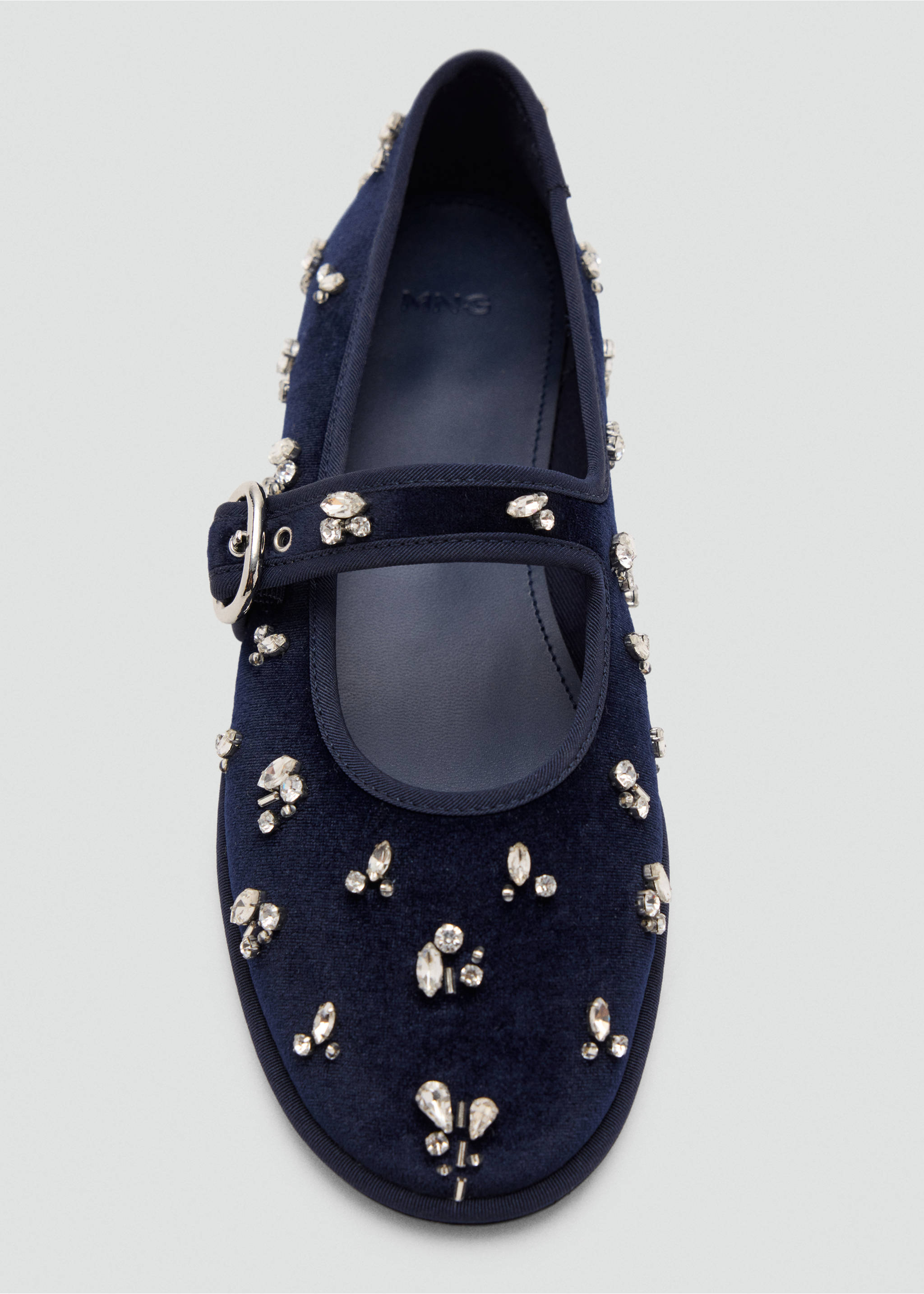 Dark navy velvet Mary Jane shoe with crystal rhinestone embellishments and a buckled strap., Night Blue. Ref: 37087909-00.