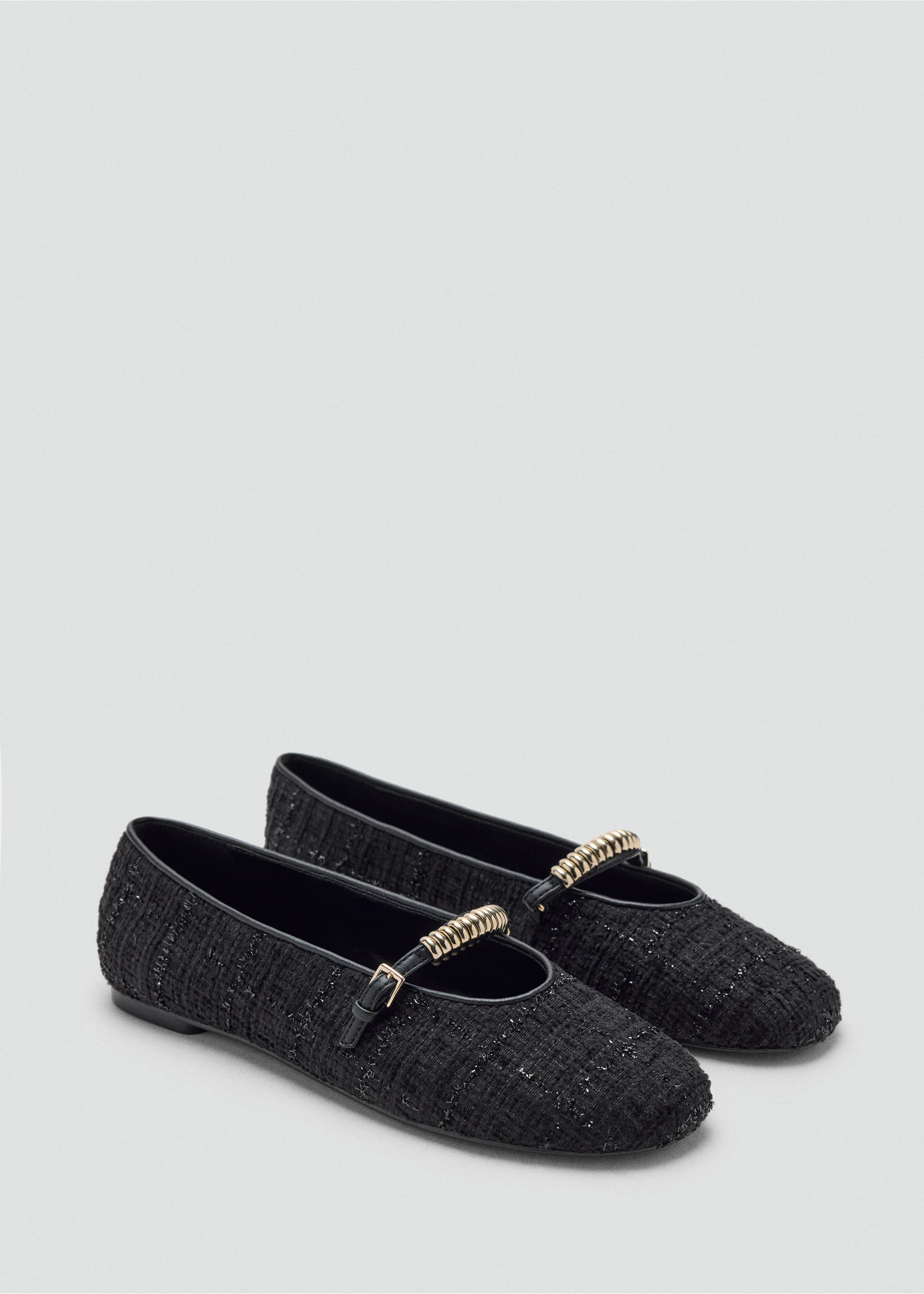 Black tweed flats with a gold-toned metallic coil strap detail., Black. Ref: 37087910-00.