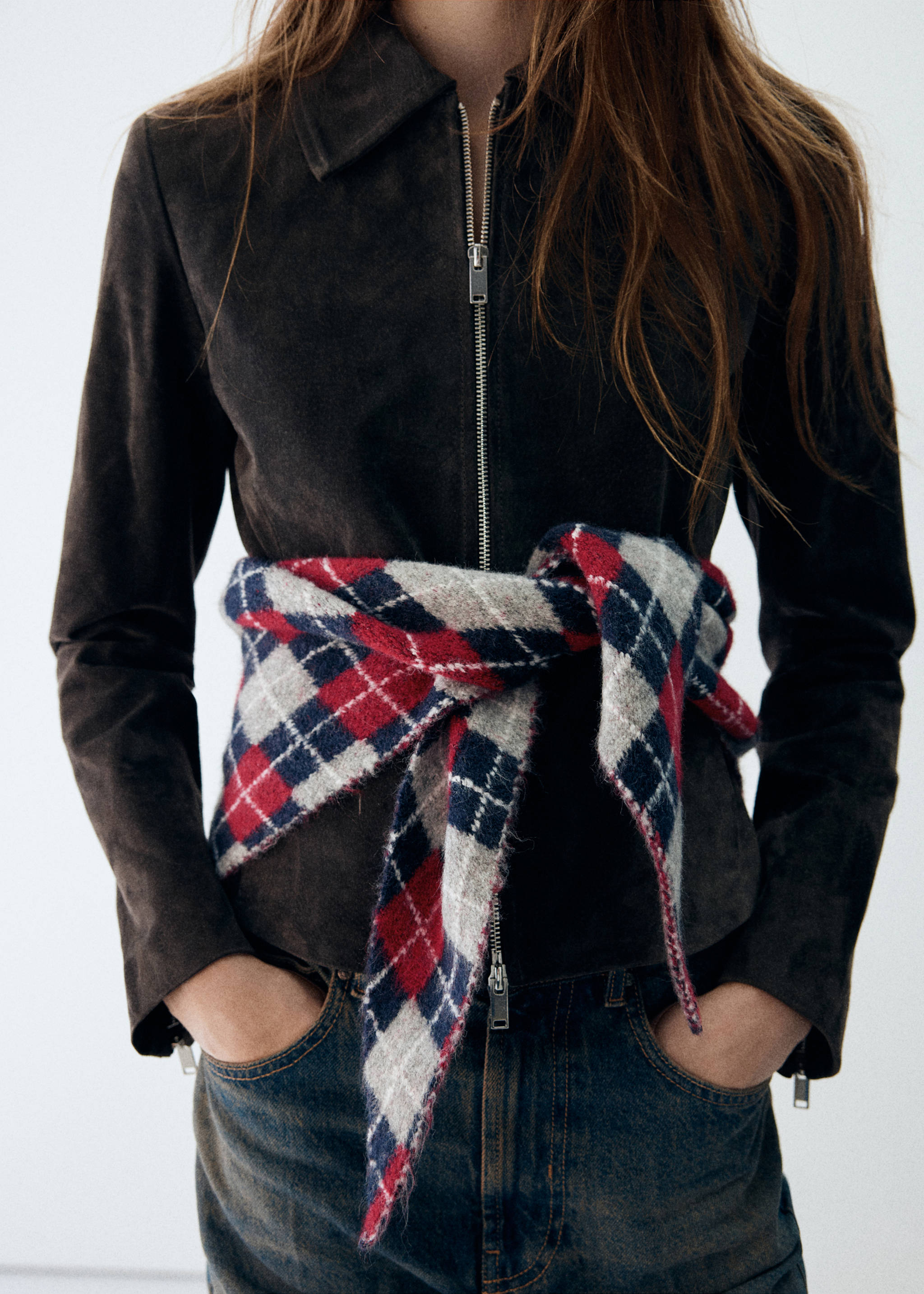 Red, navy blue and grey plaid scarf tied around the waist as a belt., Red. Ref: 37087914-00.