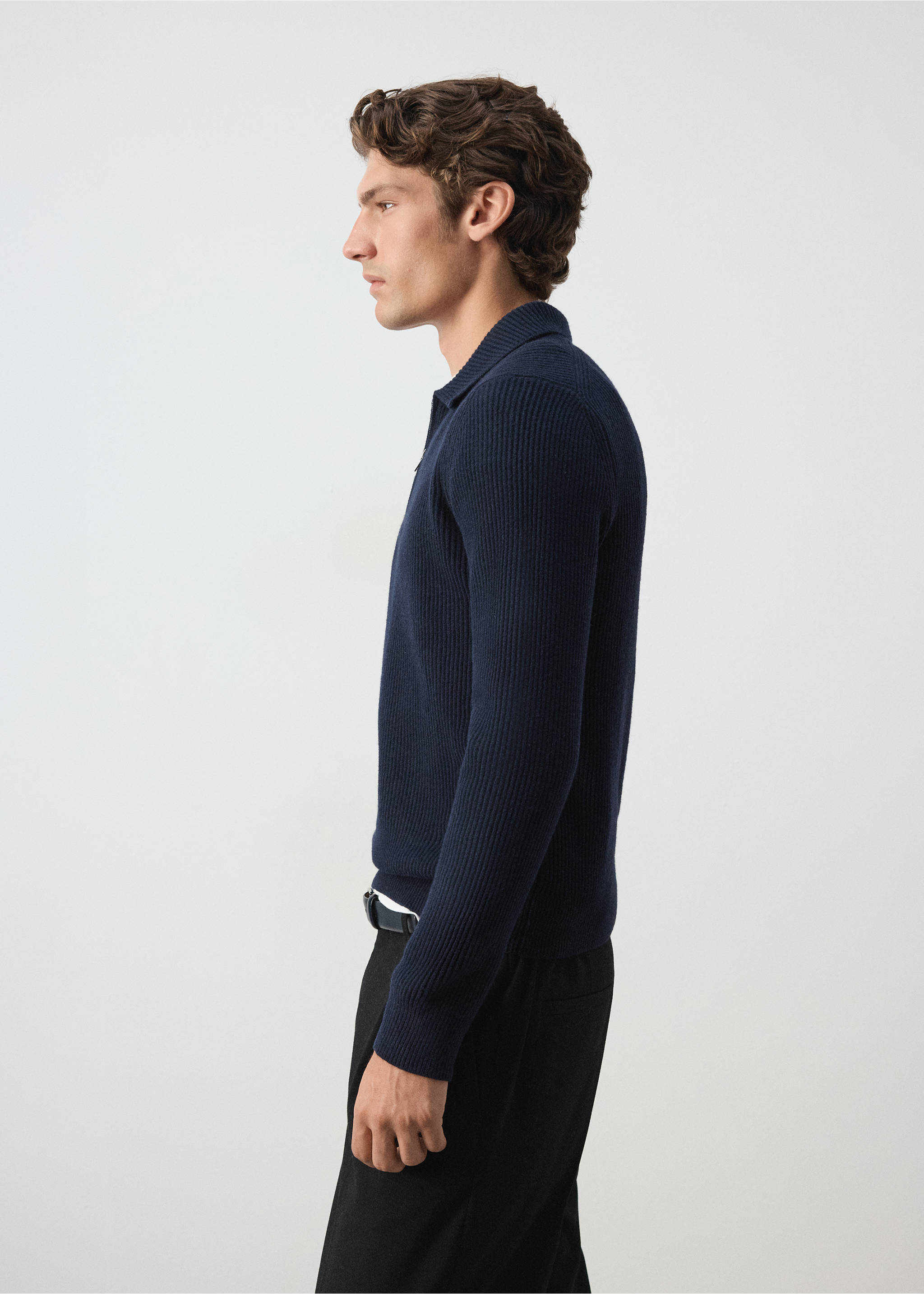 Navy blue ribbed knit long-sleeve polo shirt., Navy. Ref: 37087915-00.