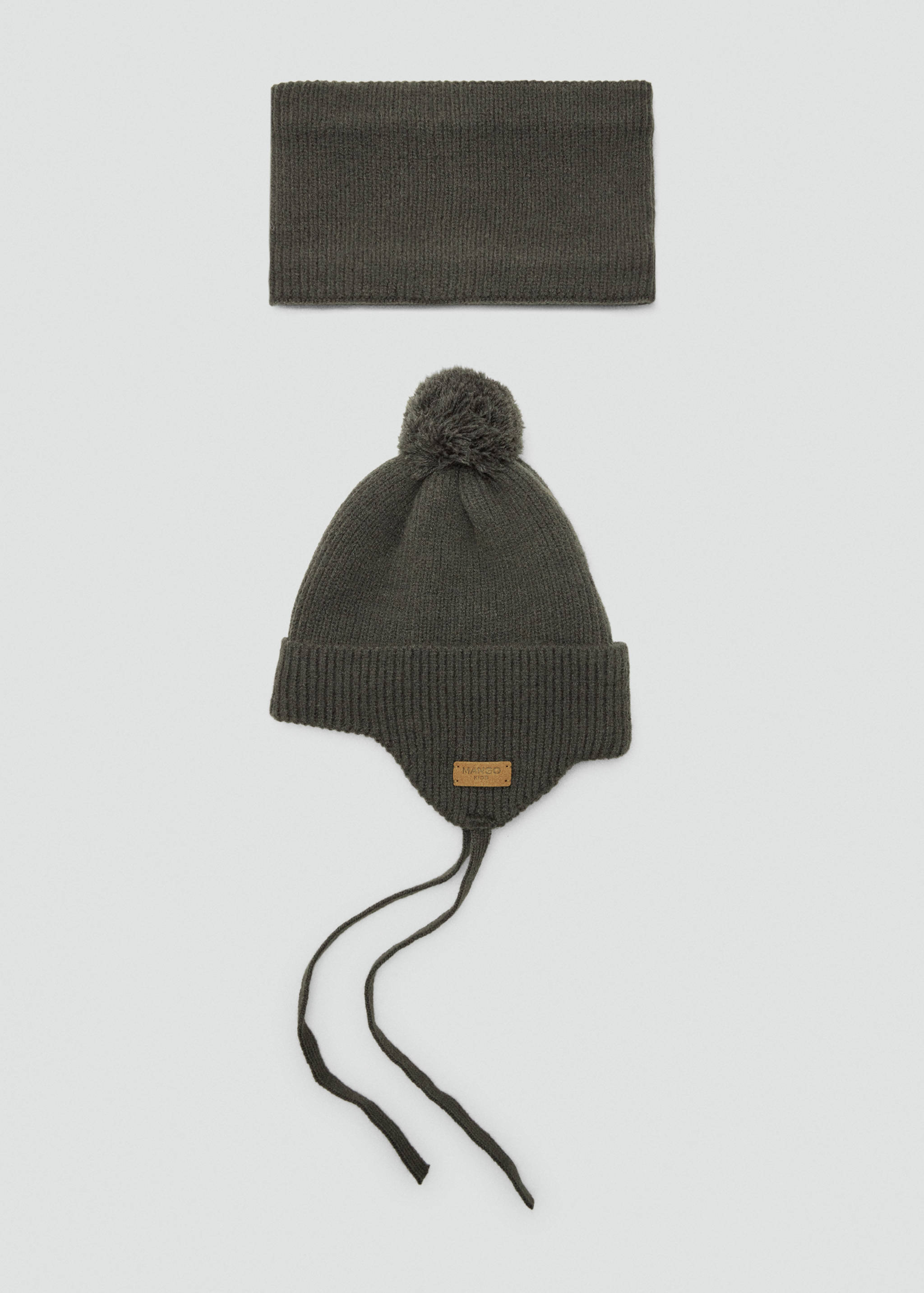 Dark green knitted scarf and matching pom-pom beanie with earflaps.