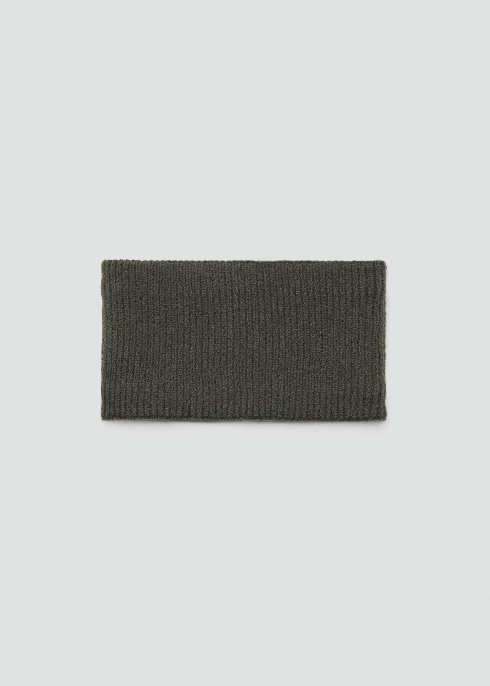 Dark olive green ribbed knit scarf in a still-life shot.