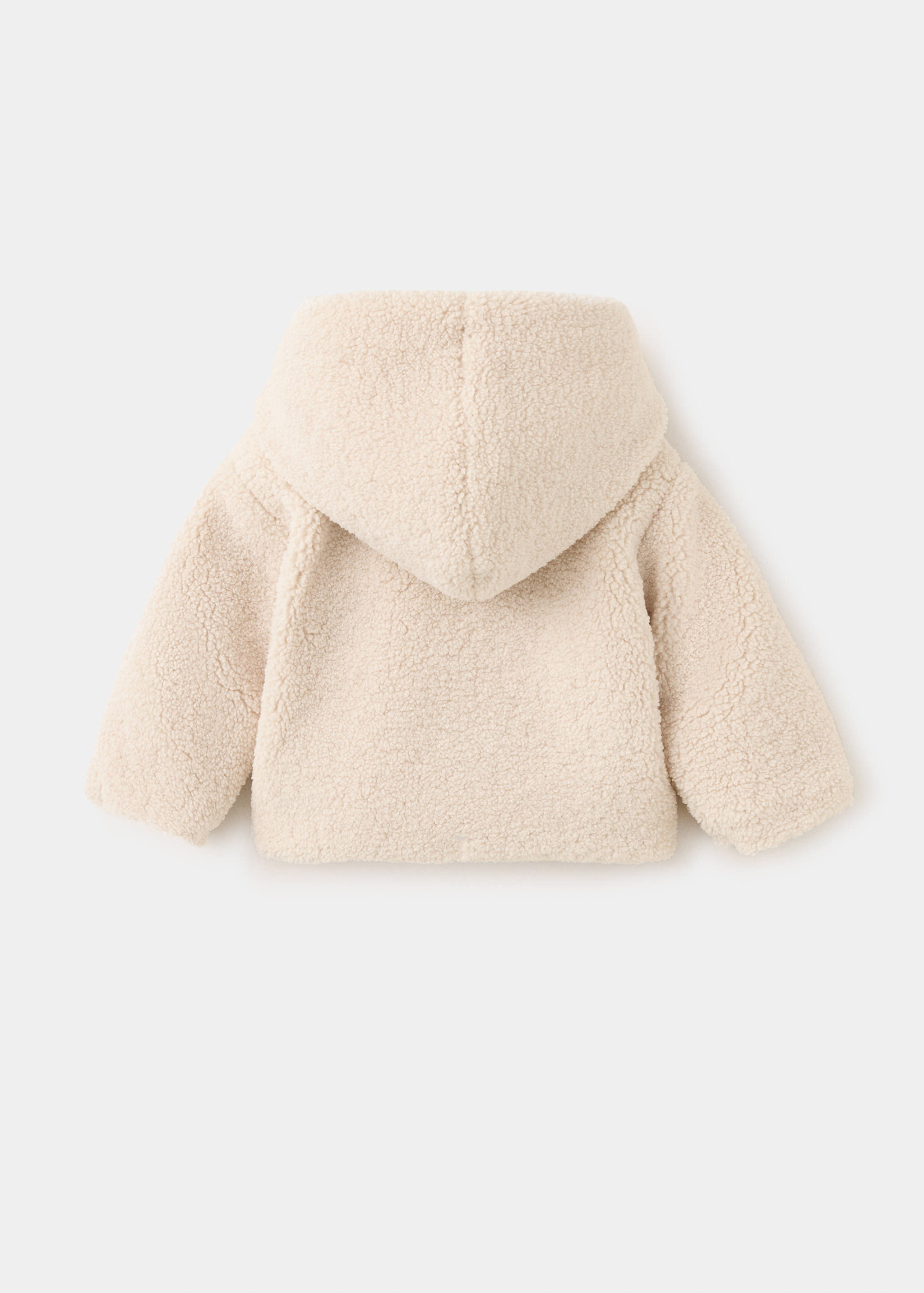 Cream faux-shearling children's coat with a hood, back view.
