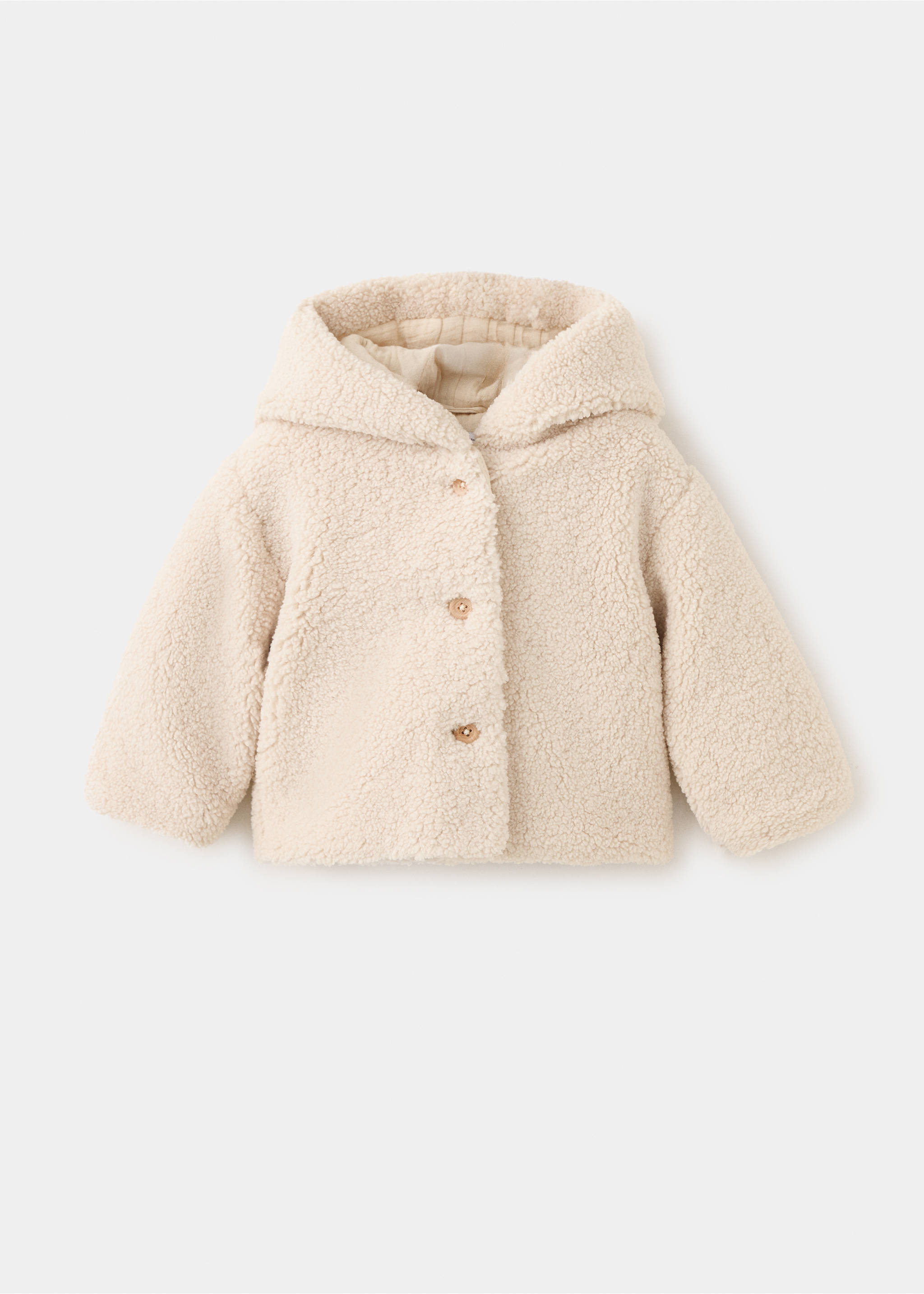 Cream children's hooded coat in textured faux-shearling with button closure., Ecru. Ref: 37087917-00.