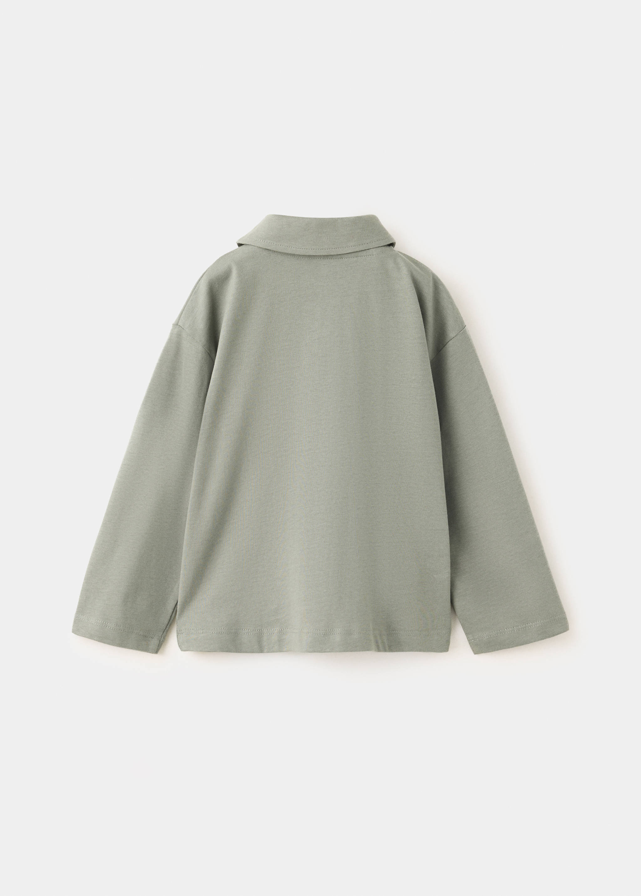 Sage green long-sleeved polo shirt, back view.