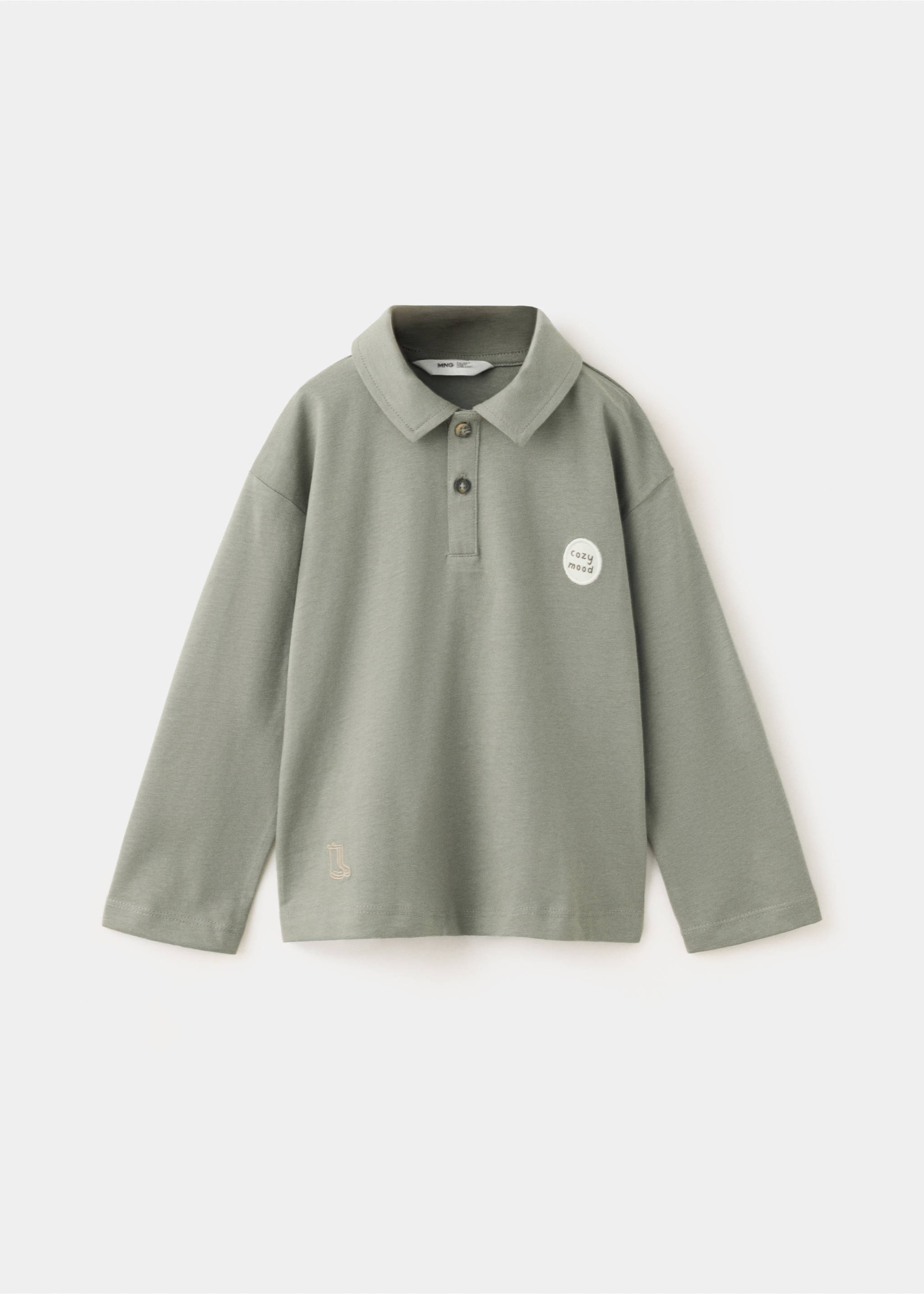 Sage green kids' long-sleeve polo shirt with a collar and button placket., Medium Green. Ref: 37087919-00.