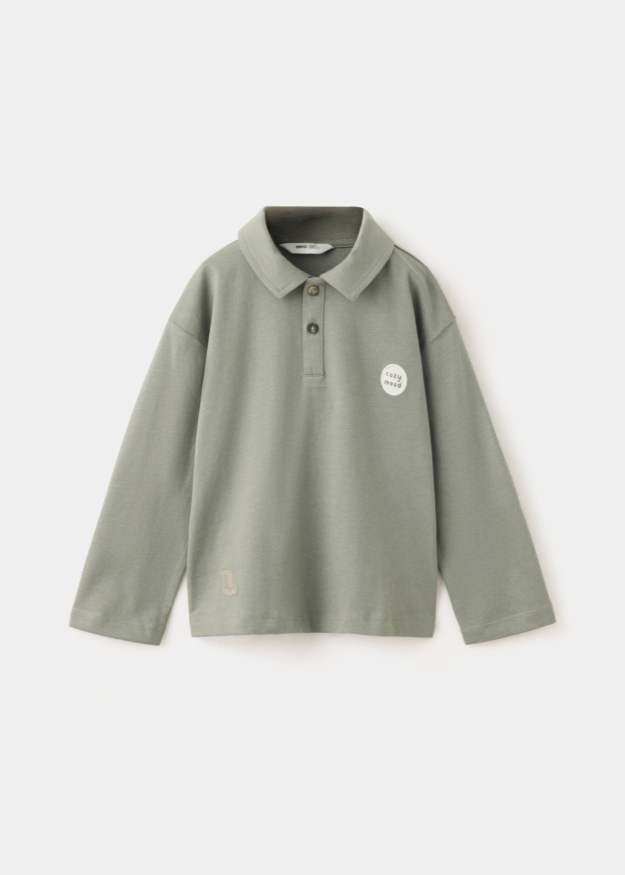 Sage green kids' long-sleeve polo shirt with a collar and button placket.