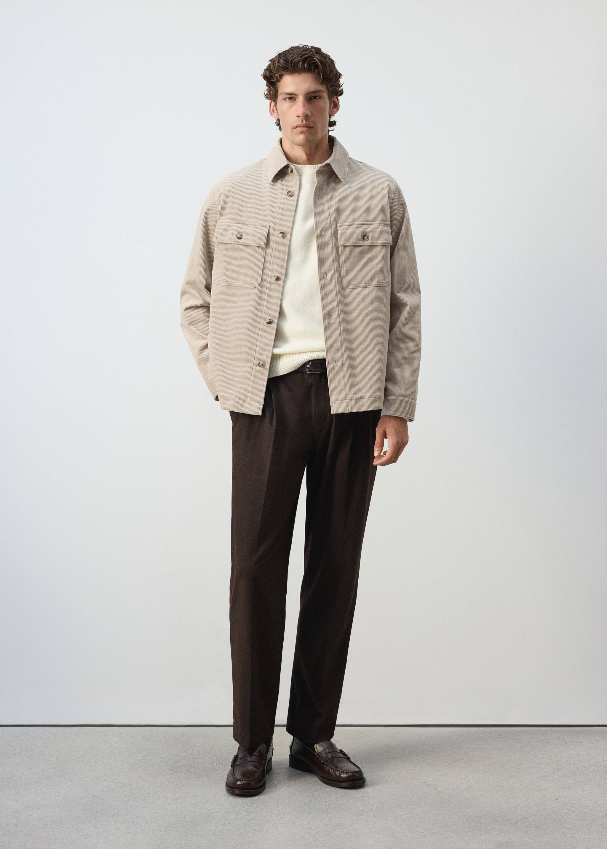 Beige overshirt with chest pockets, worn with a white sweater and dark brown trousers., Light/Pastel Grey. Ref: 37087920-00.