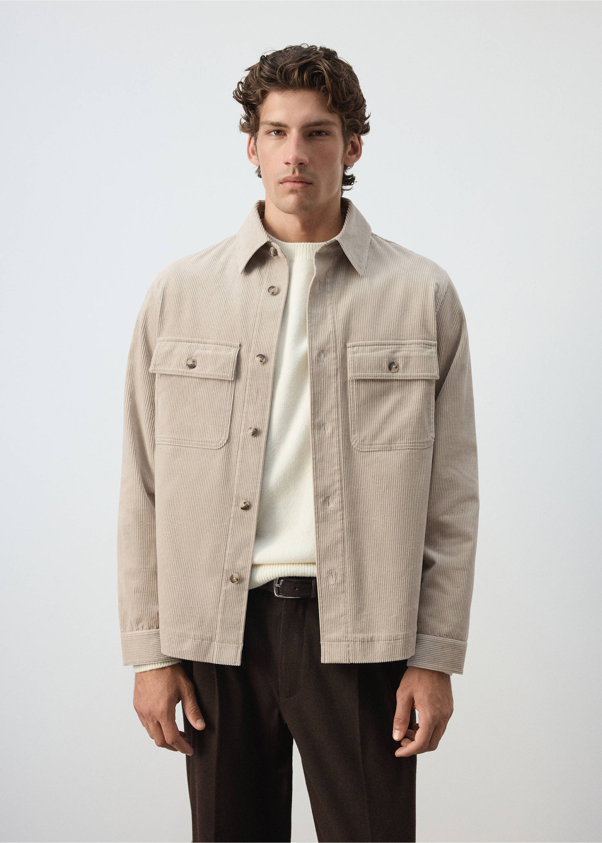 Beige corduroy overshirt worn open over a cream sweater., Light/Pastel Grey. Ref: 37087920-00.