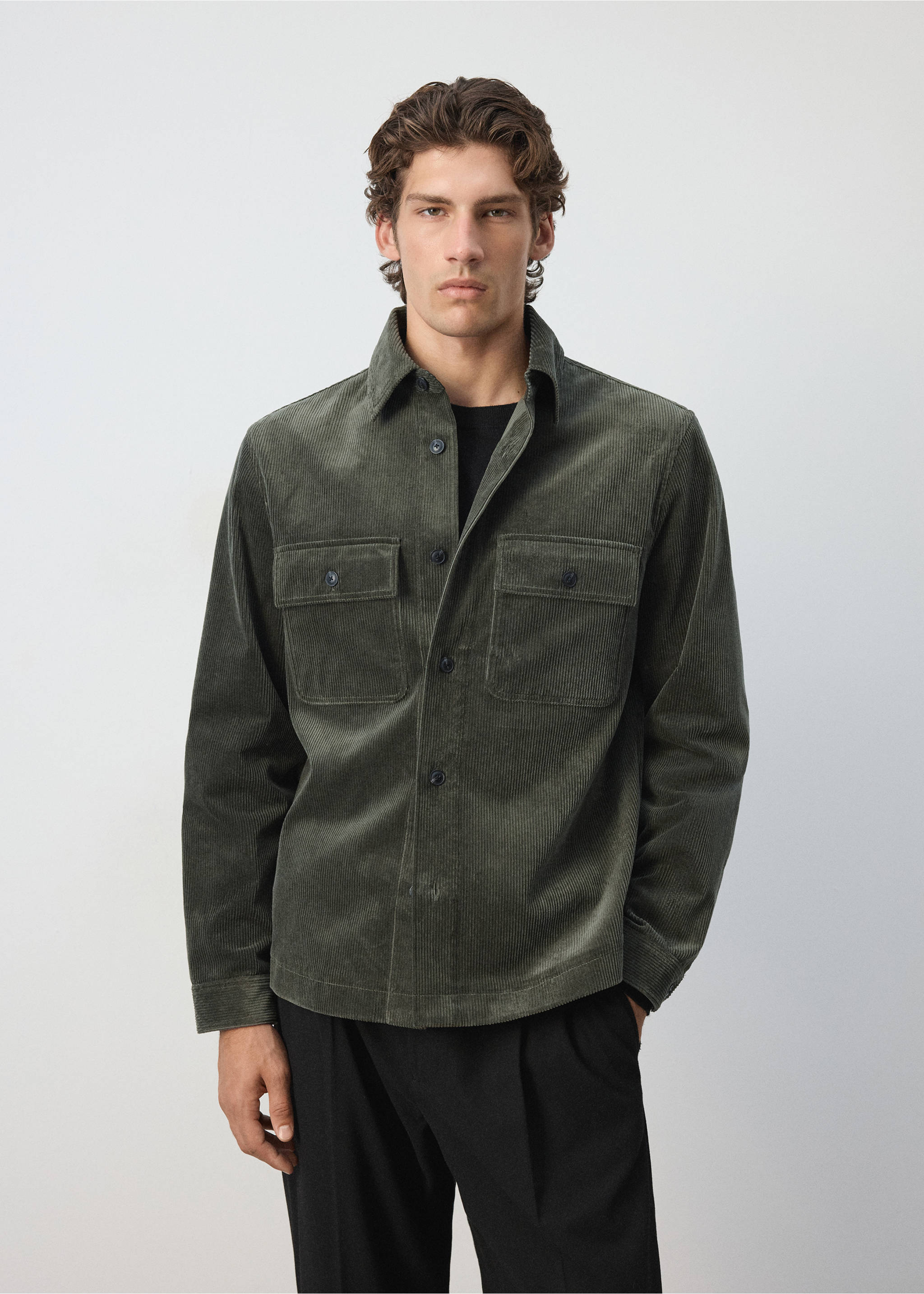 Dark khaki green corduroy overshirt with chest pockets and a button-down front., Dark Green. Ref: 37087920-00.