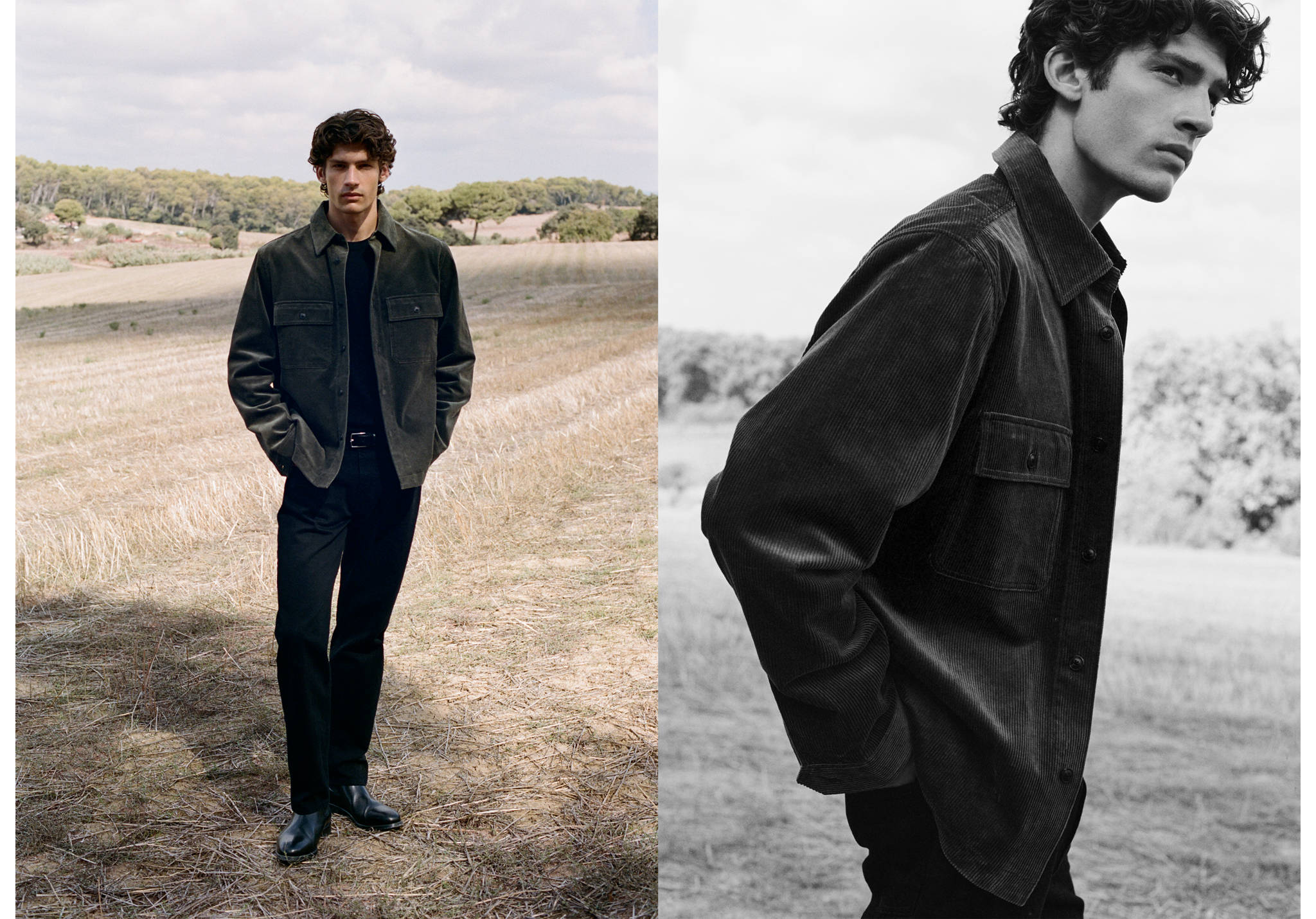 Dark corduroy overshirt worn by a model in a two-panel outdoor view.