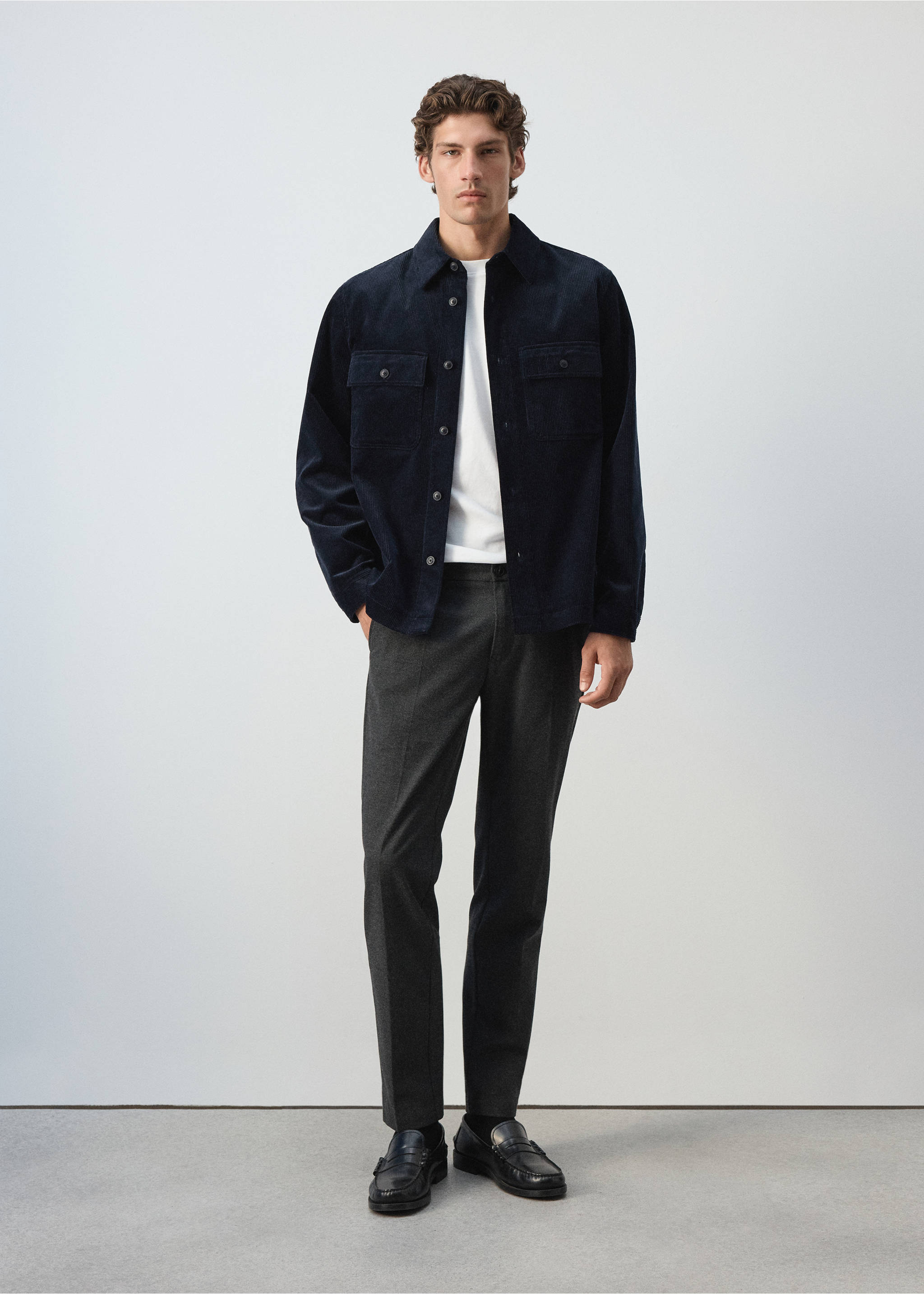 Navy blue corduroy overshirt worn with a white t-shirt and grey trousers., Navy. Ref: 37087920-00.