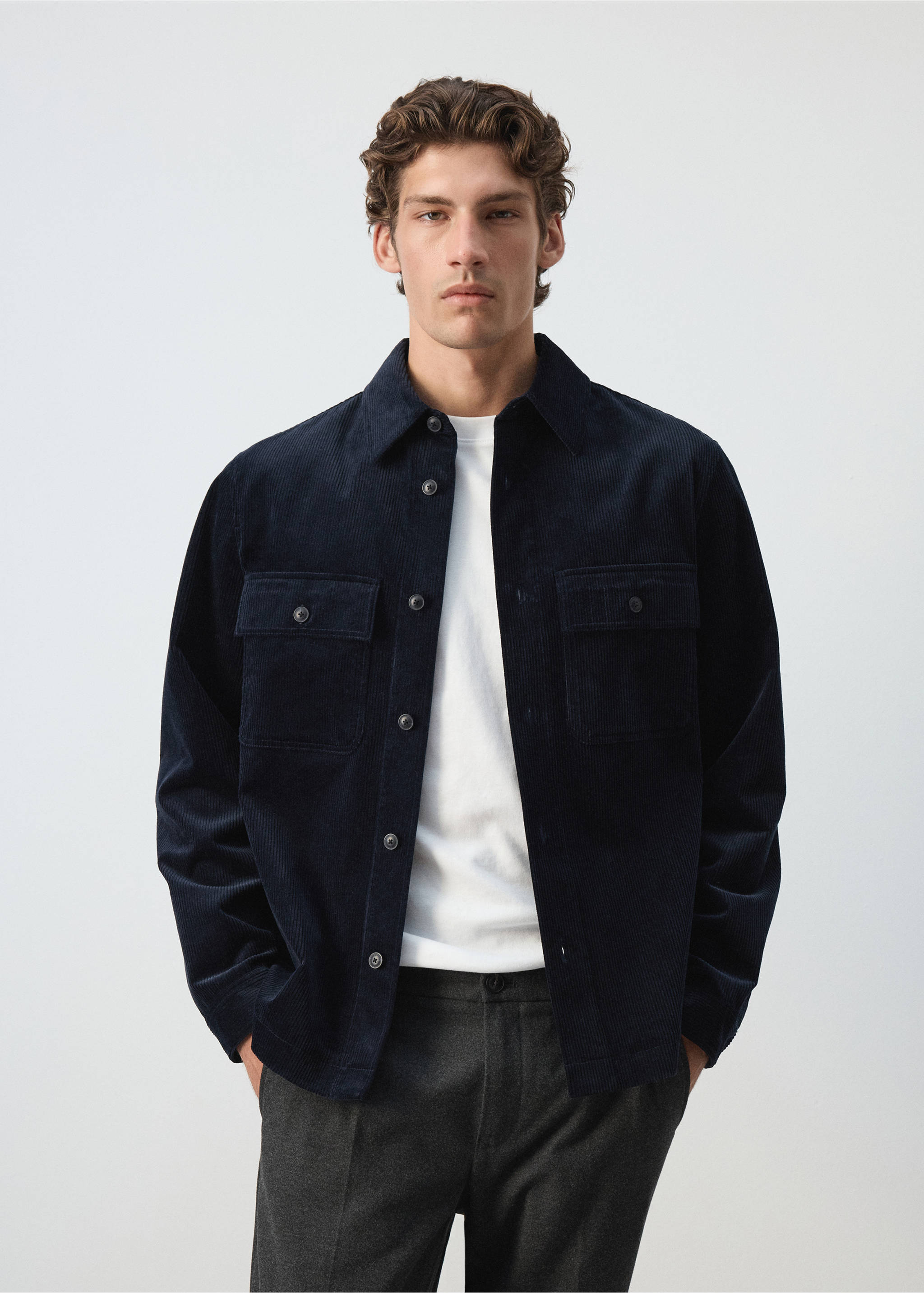 Navy blue corduroy overshirt with chest pockets and button fastening., Navy. Ref: 37087920-00.