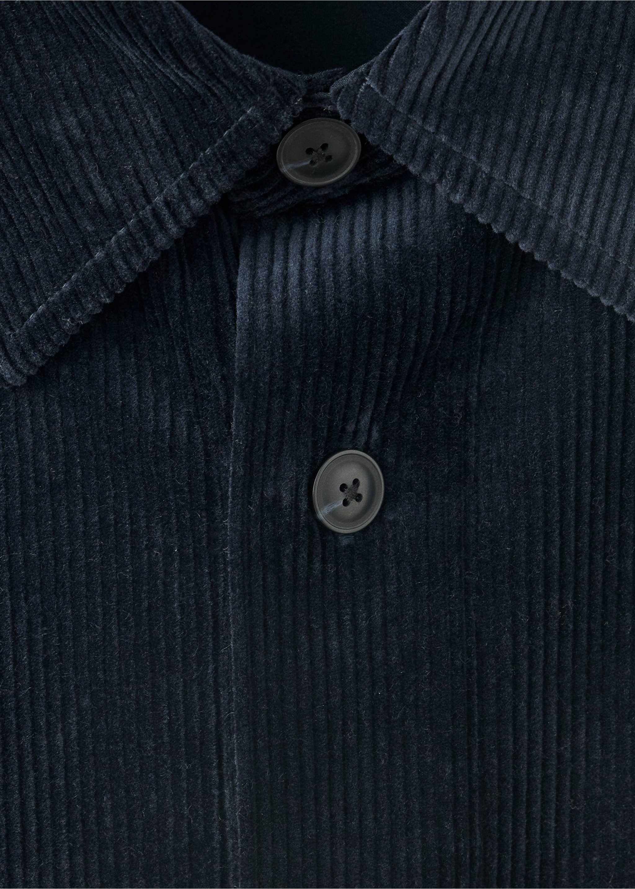 Close-up of a dark navy blue corduroy overshirt collar and buttons., Navy. Ref: 37087920-00.