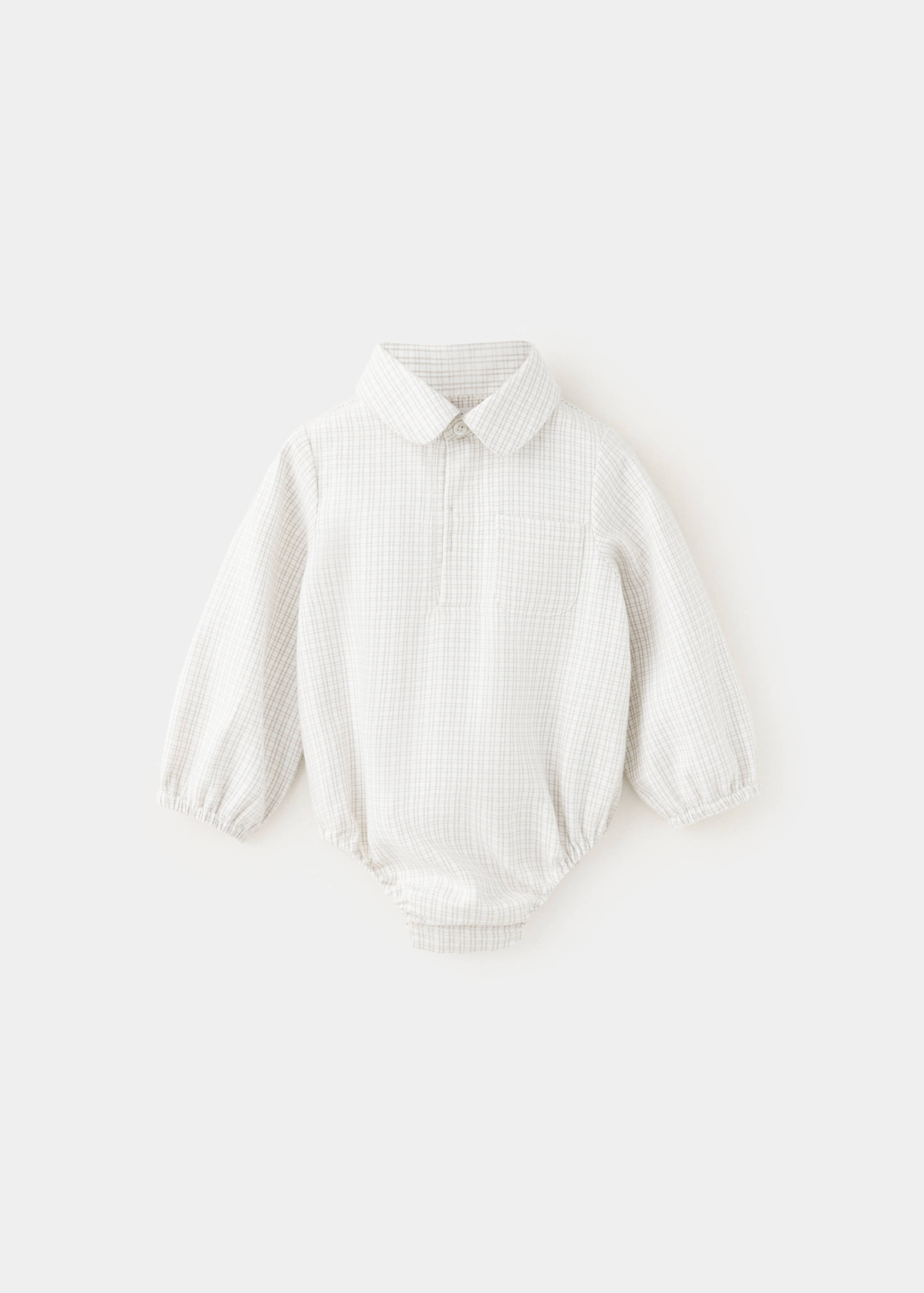 Baby's micro-check shirt in light beige with a Peter Pan collar and long sleeves.