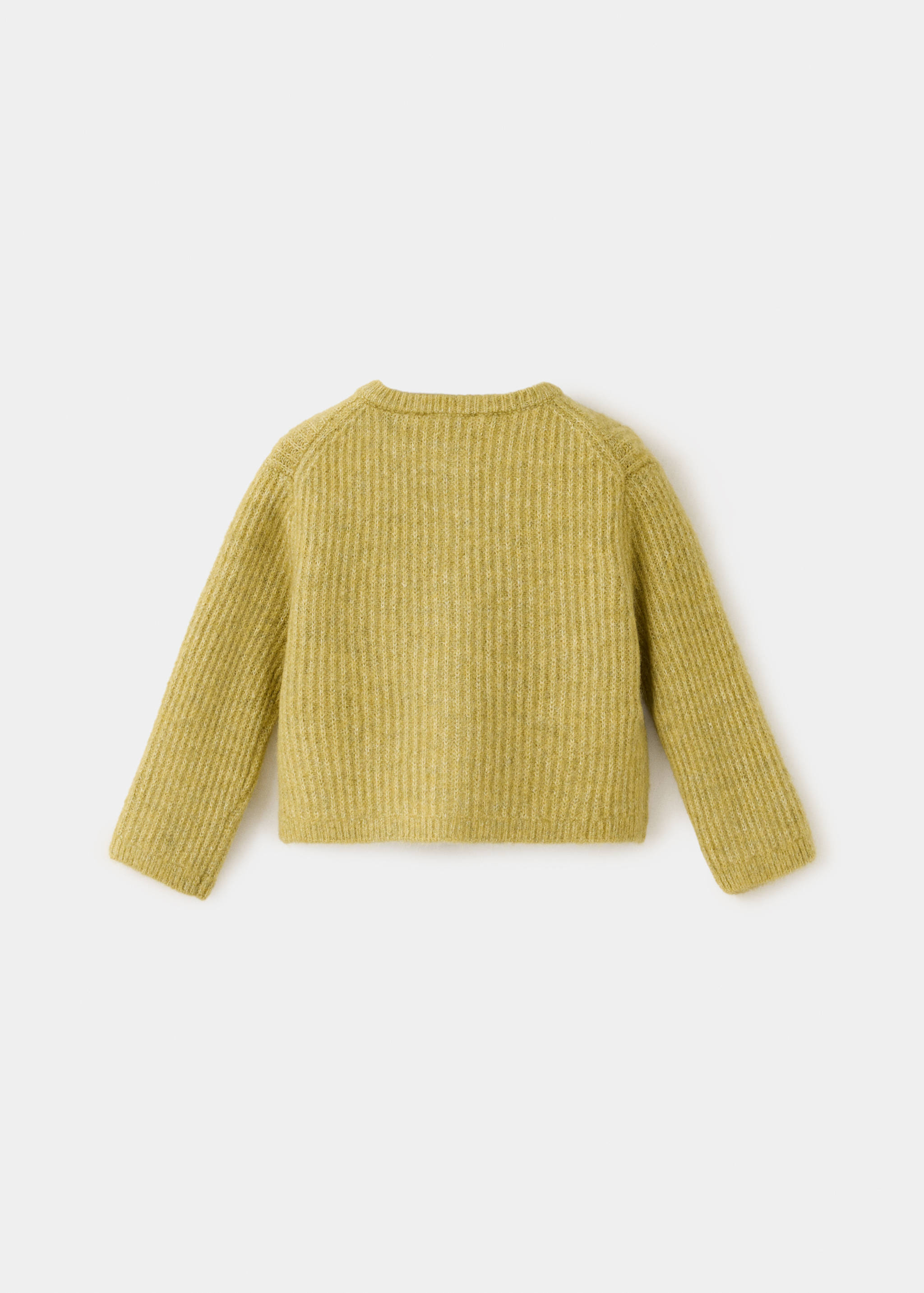 Back view of a yellow-green ribbed knit children's cardigan.