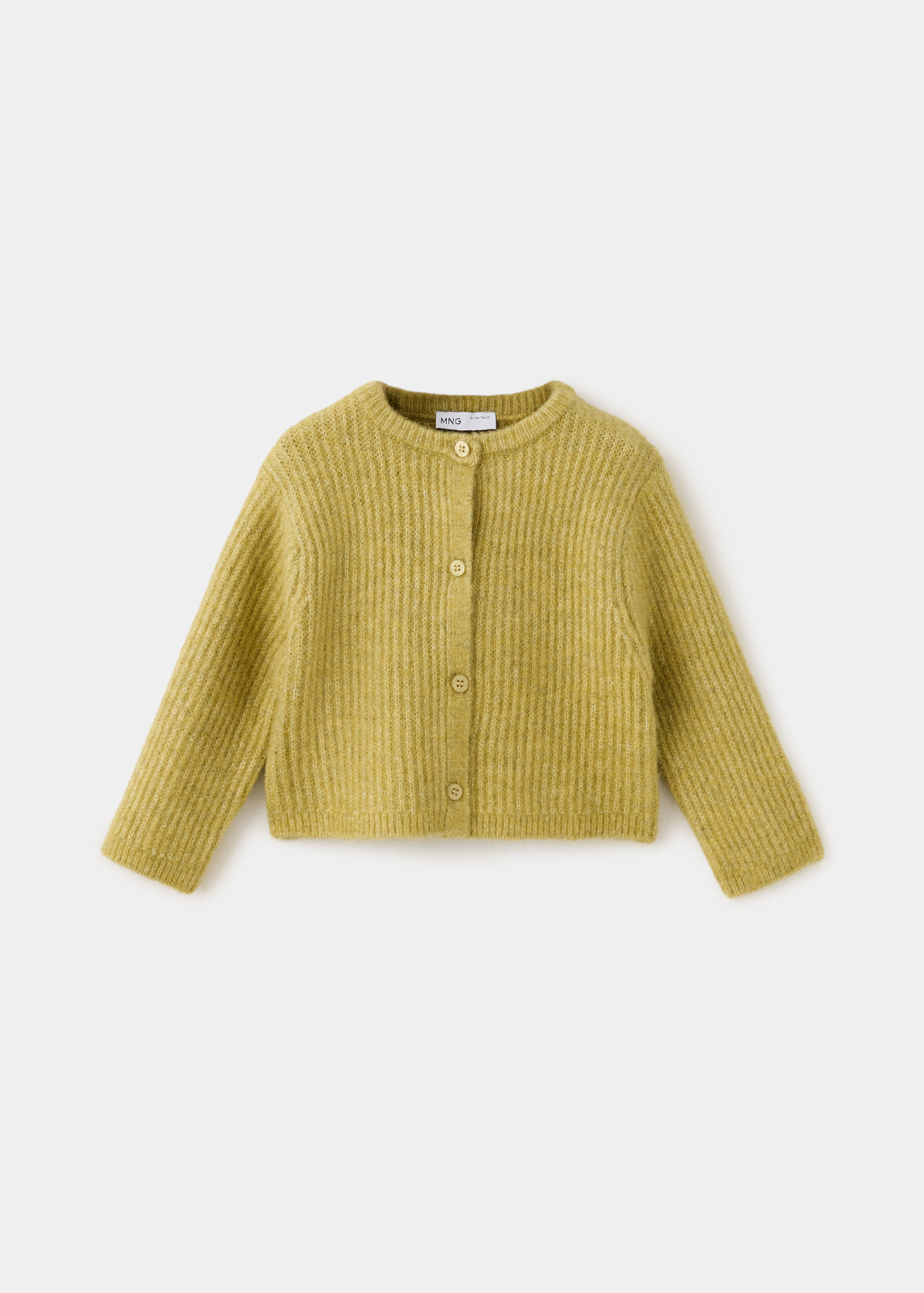 Green ribbed knit cardigan with long sleeves and front button fastening.