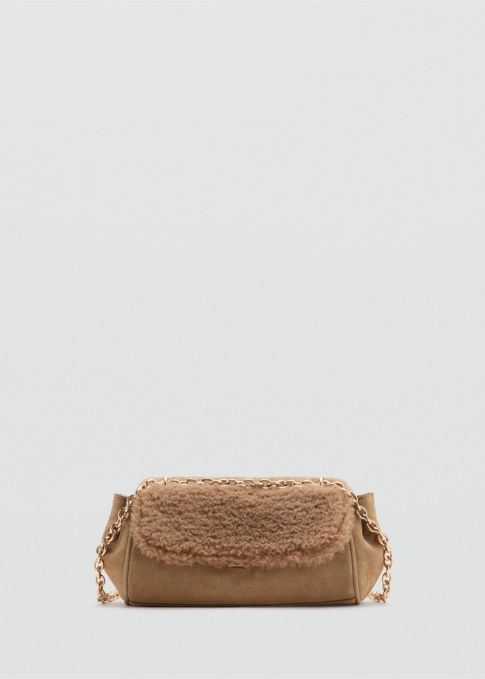 Brown faux-suede shoulder bag with a faux-shearling flap and gold-tone chain strap., Medium Brown. Ref: 37087933-00.
