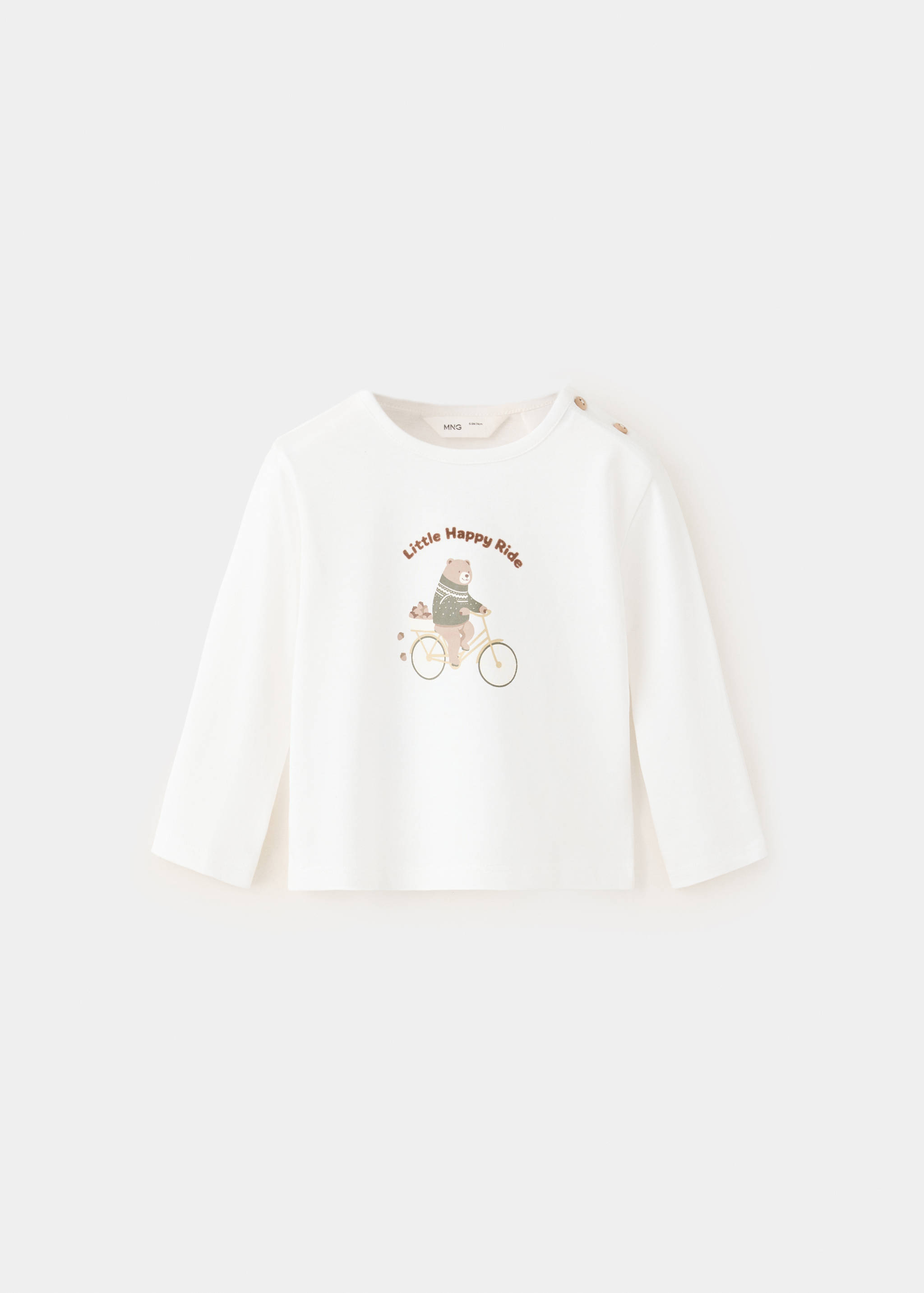 White kids' long-sleeve t-shirt with shoulder buttons and a bear bicycle graphic.