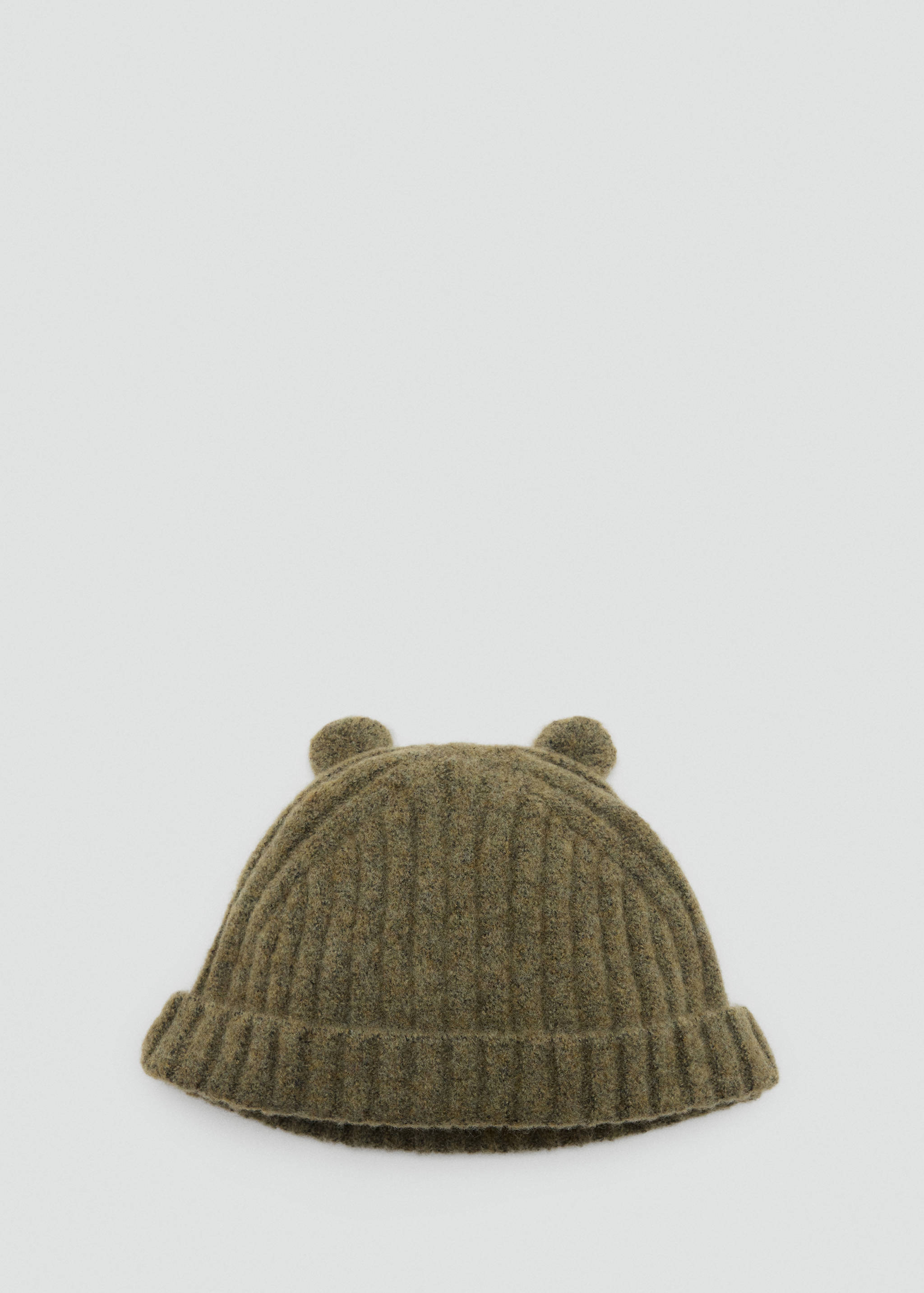 Olive green ribbed knit beanie hat for kids with small ears on top.