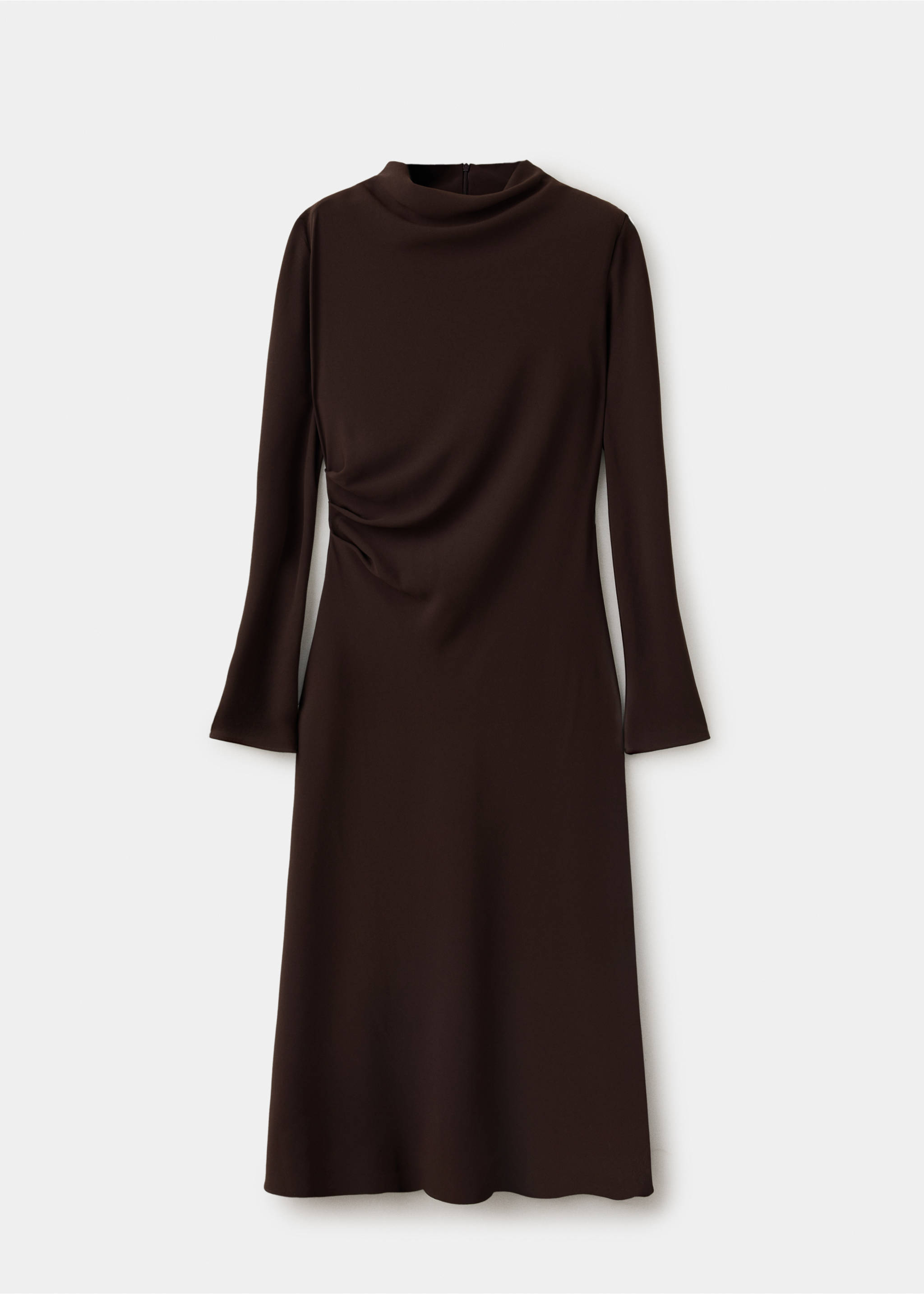 Vestido midi marrón oscuro de manga larga con cuello alto drapeado y cintura fruncida., Marrón. Ref: 37087937-00.