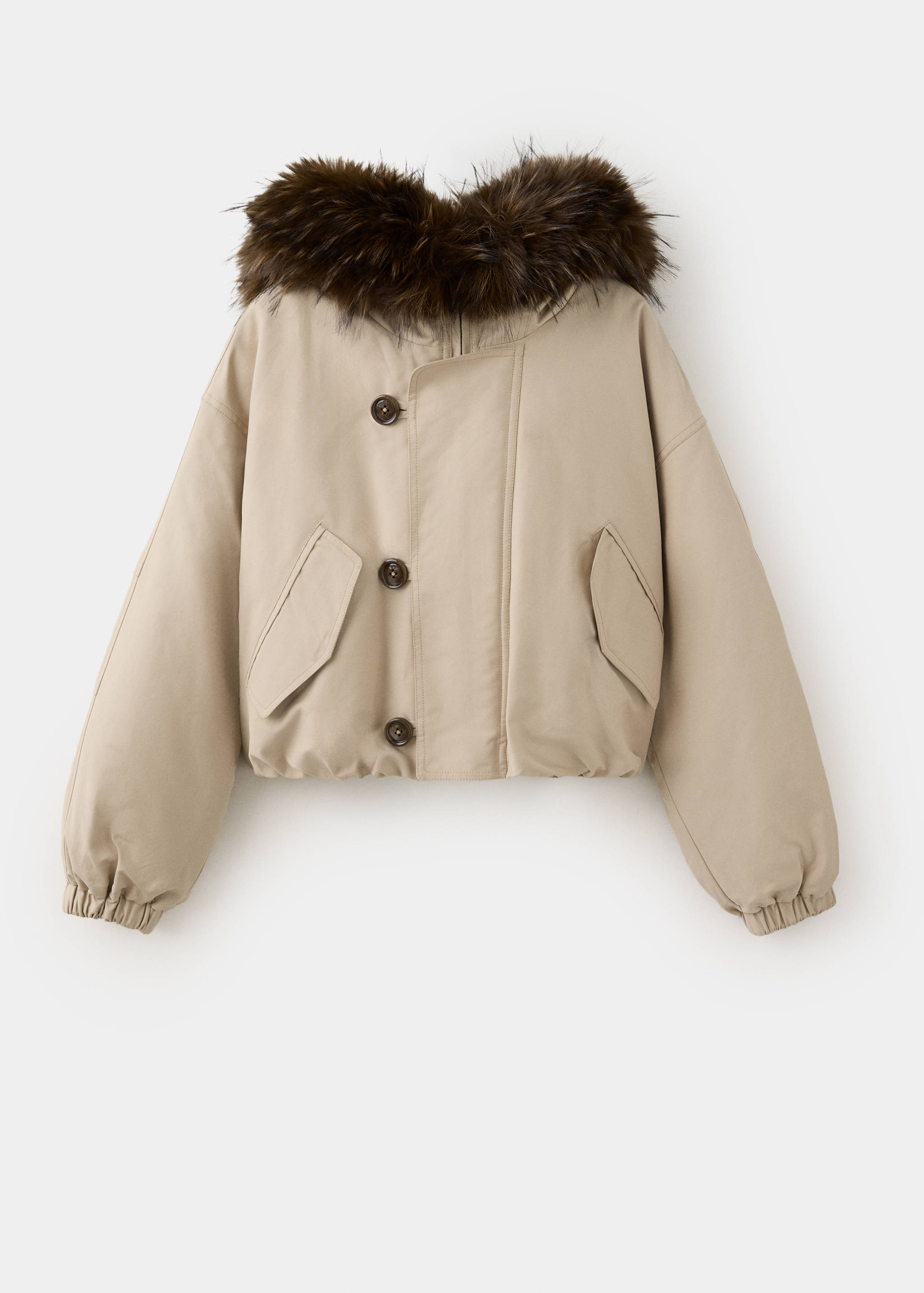 Beige cropped jacket with a fluffy dark brown faux-fur hood trim.