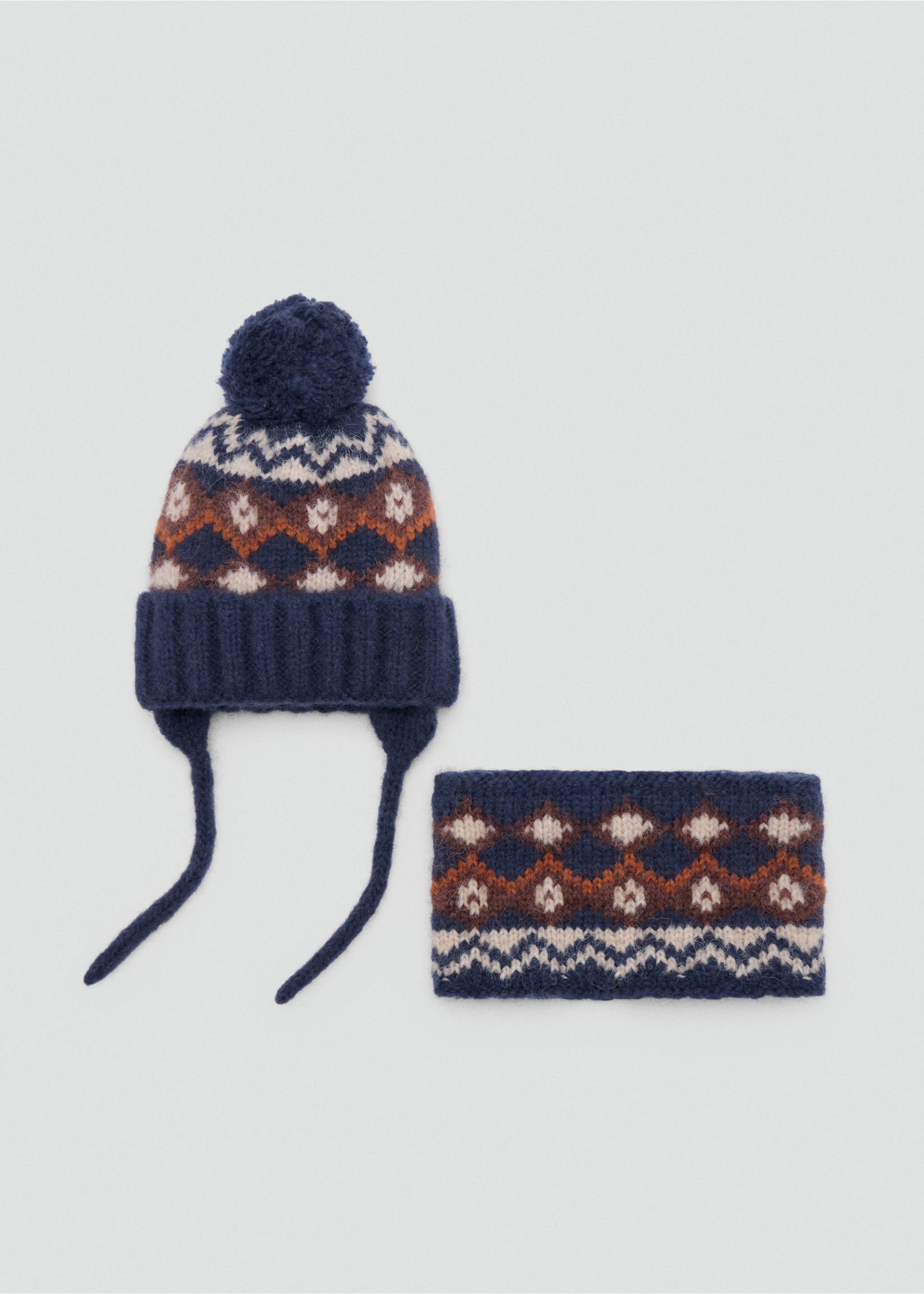 Navy blue fair isle knit scarf and matching beanie set., Navy. Ref: 37088264-00.