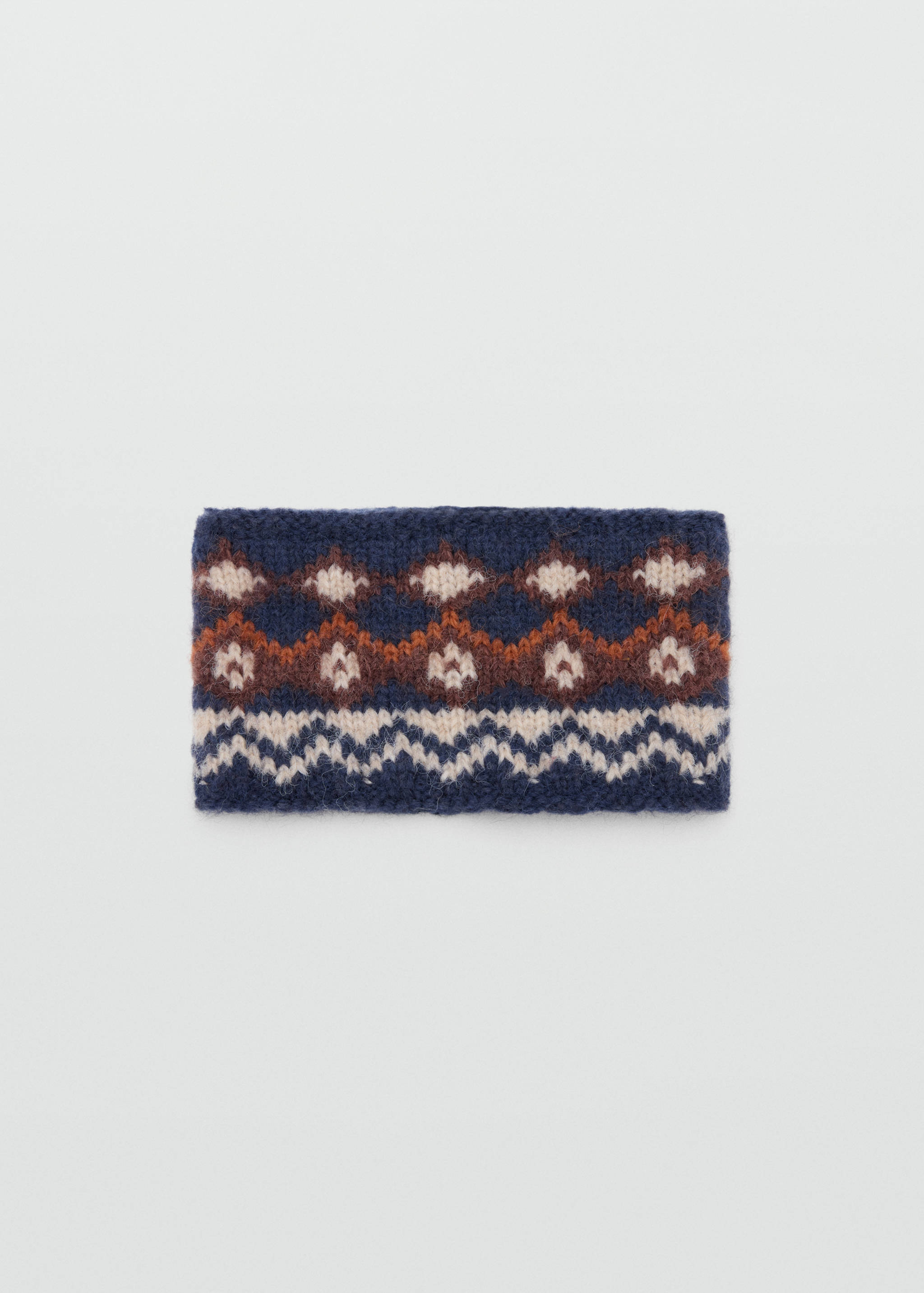 Navy blue kids knitted scarf with a cream, brown, and orange Fair Isle pattern.