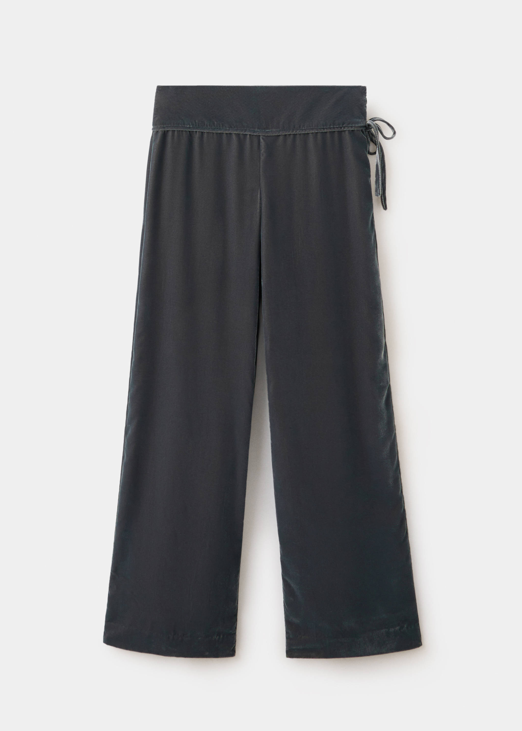 Dark grey velvet wide-leg trousers with a side tie closure.
