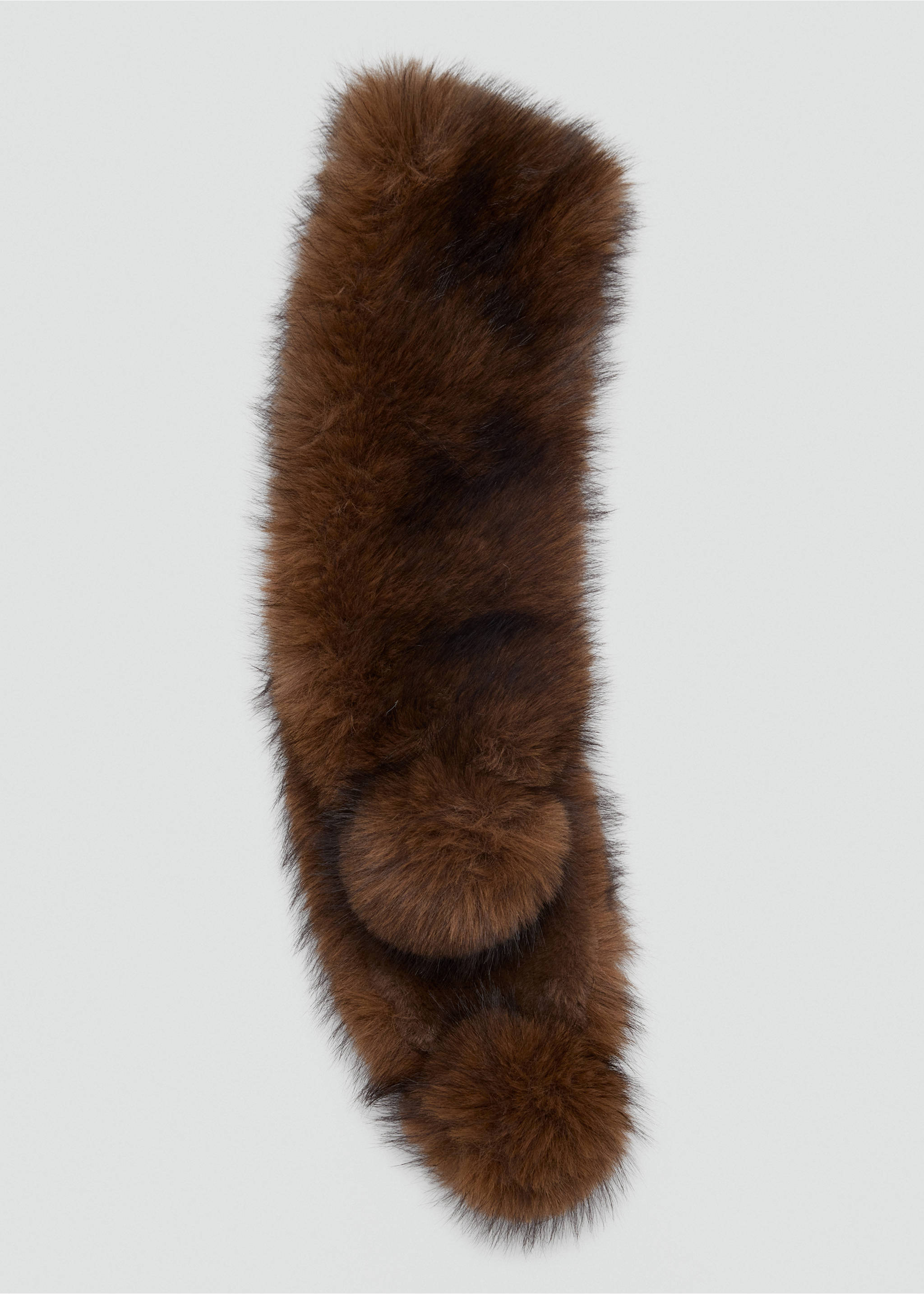 Dark brown faux-fur scarf with fluffy texture and pom-pom details., Brown. Ref: 37088268-00.